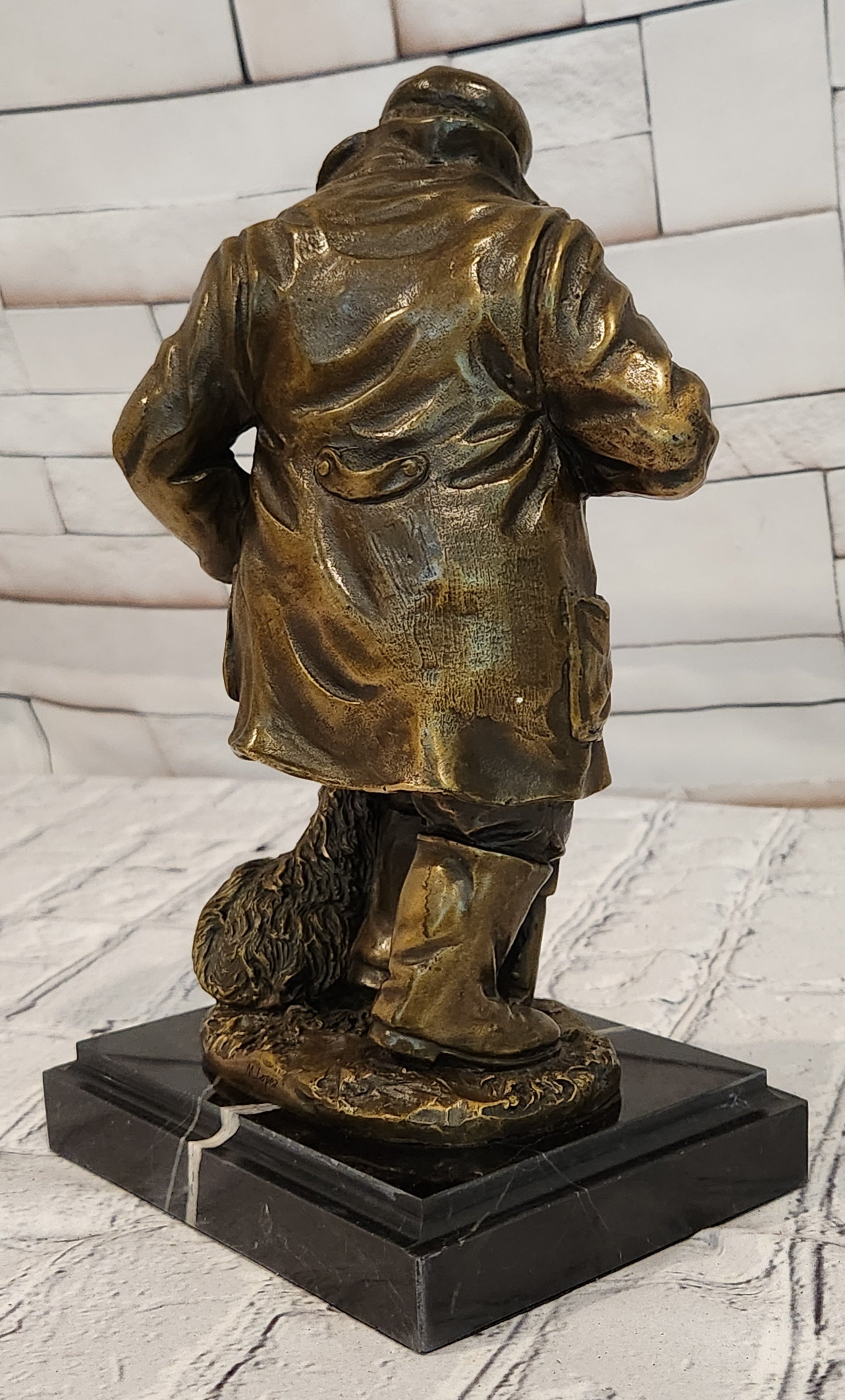 Hand Cast Bronze Fisherman with Dog Statue Signed Miguel Lopez Fine Art Decorative Piece