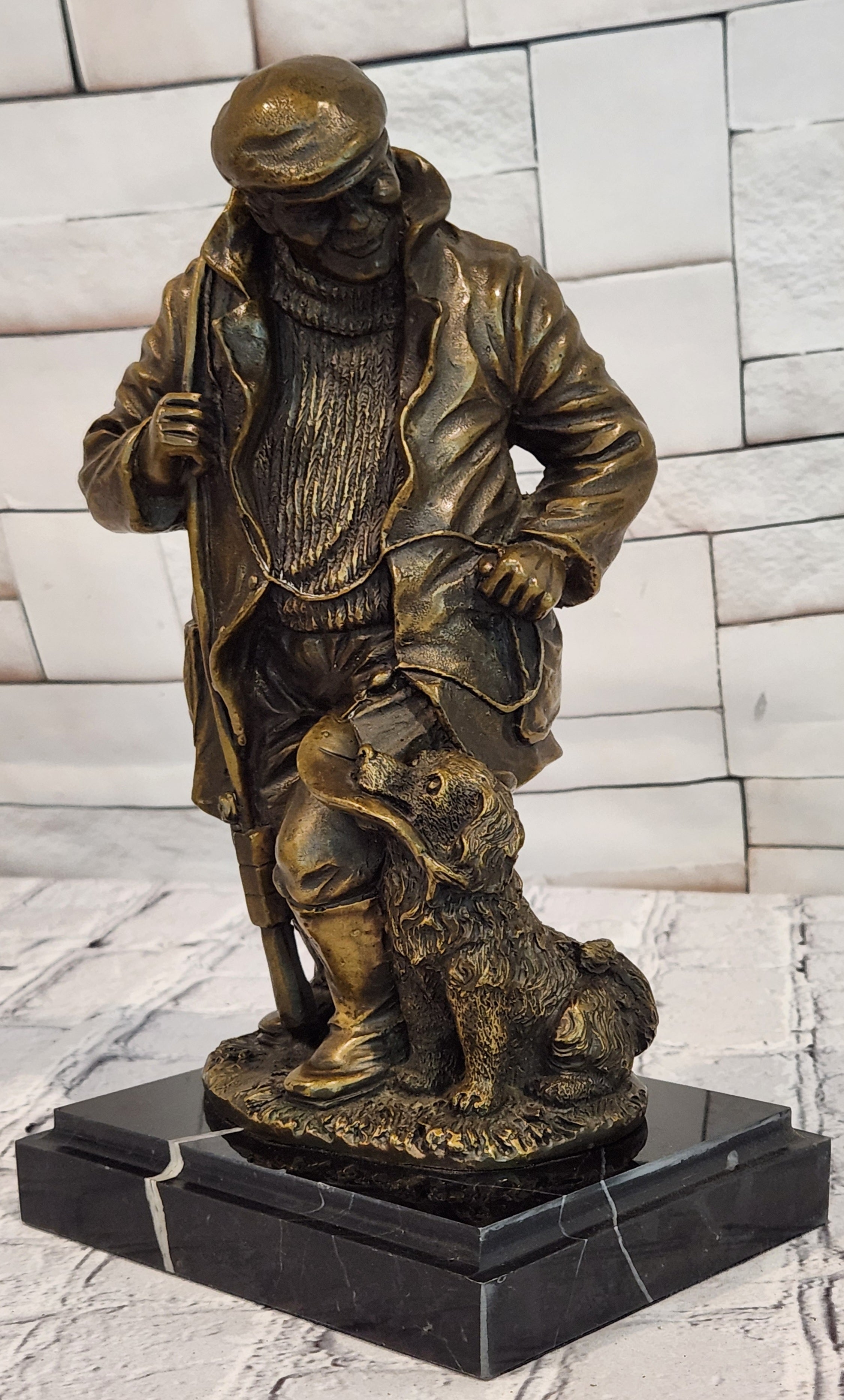 Hand Cast Bronze Fisherman with Dog Statue Signed Miguel Lopez Fine Art Decorative Piece