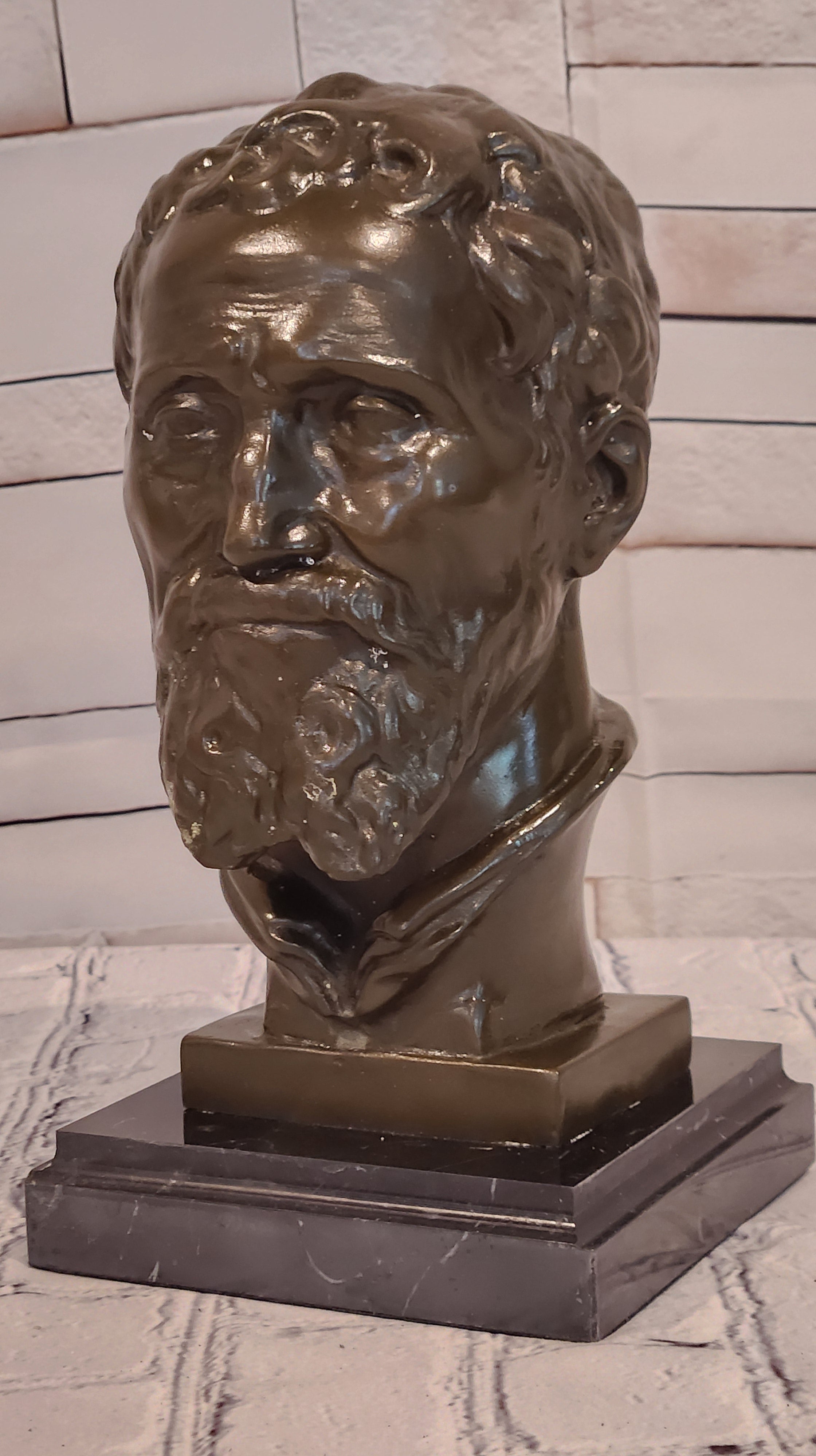 Signed Fisher Bronze Michelangelo Bust Sculpture Fine Art Collectible Statue