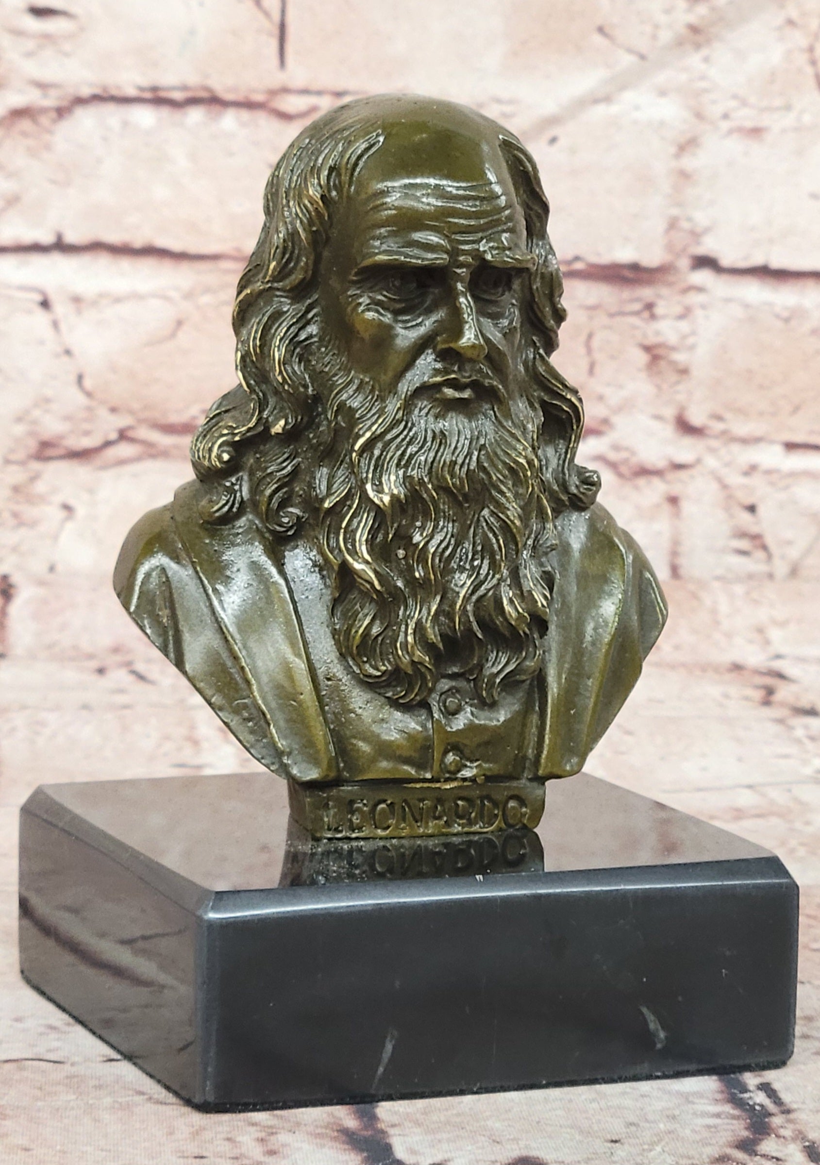Leonardo da Vinci Bronze Bust Figurine Fisher Signed Master Painter Sculpture Decor