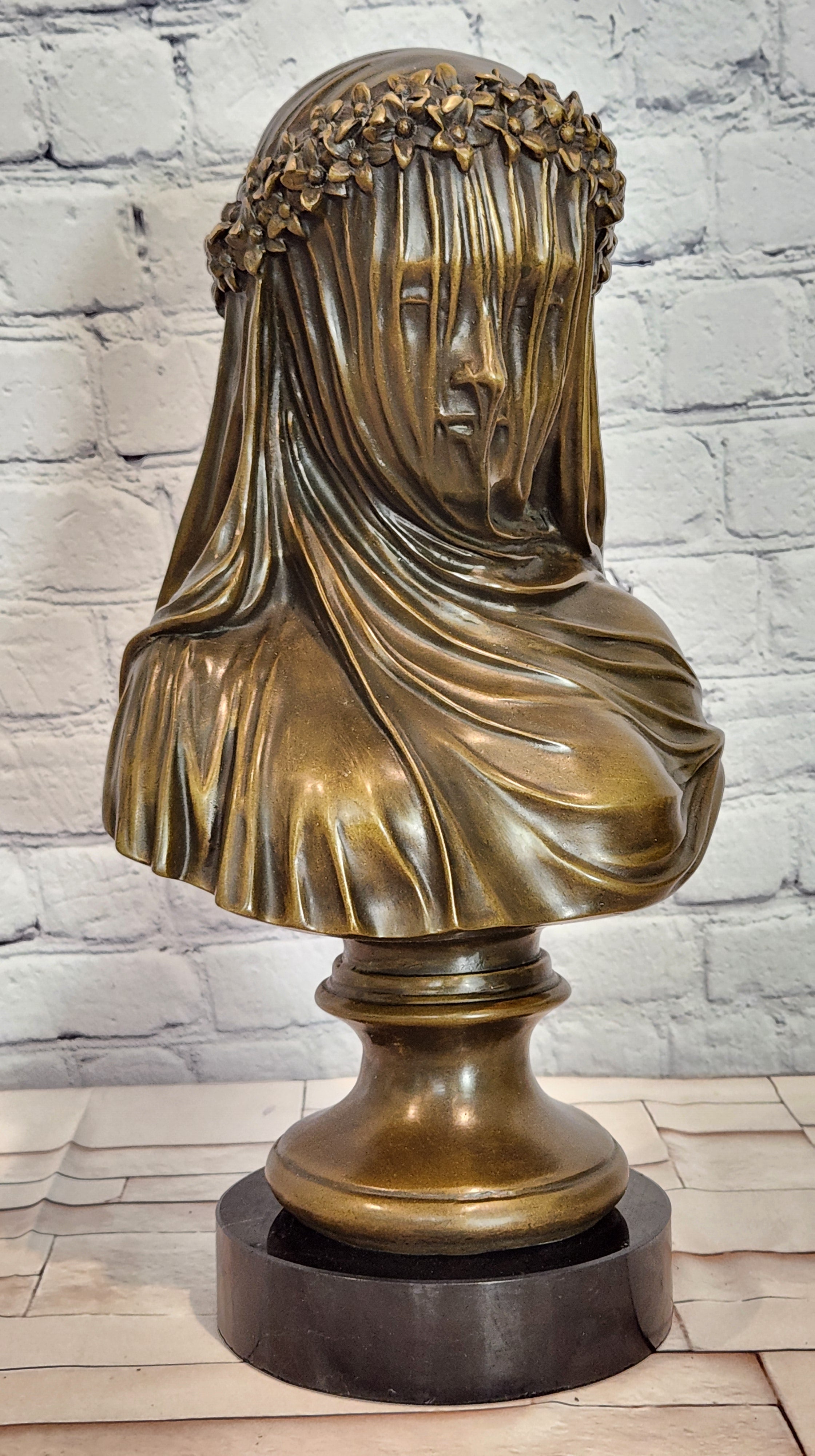 Bronze Veiled Virgin Bust Sculpture Raffaelle Monti Classical Religious Artwork