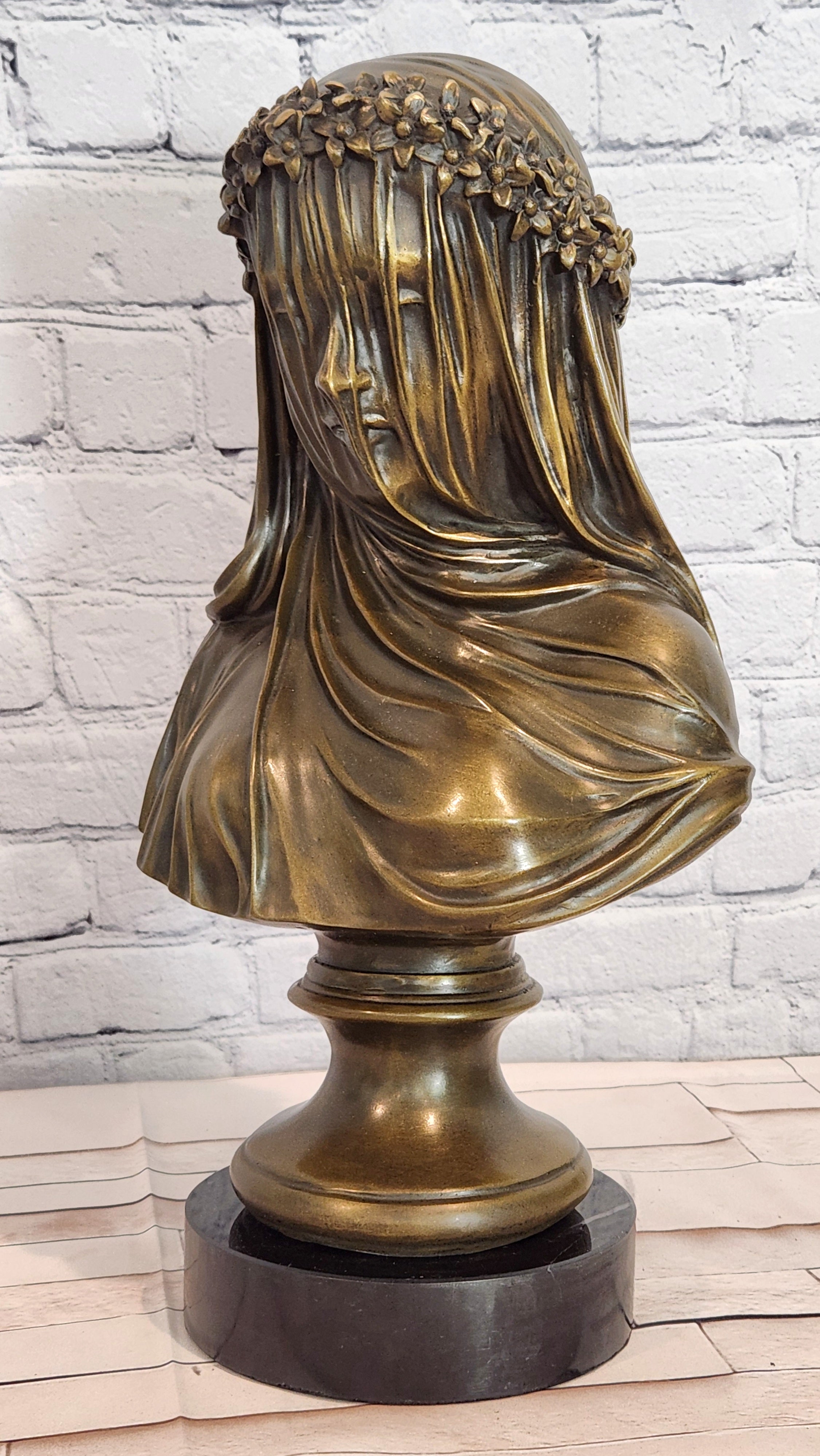 Bronze Veiled Virgin Bust Sculpture Raffaelle Monti Classical Religious Artwork