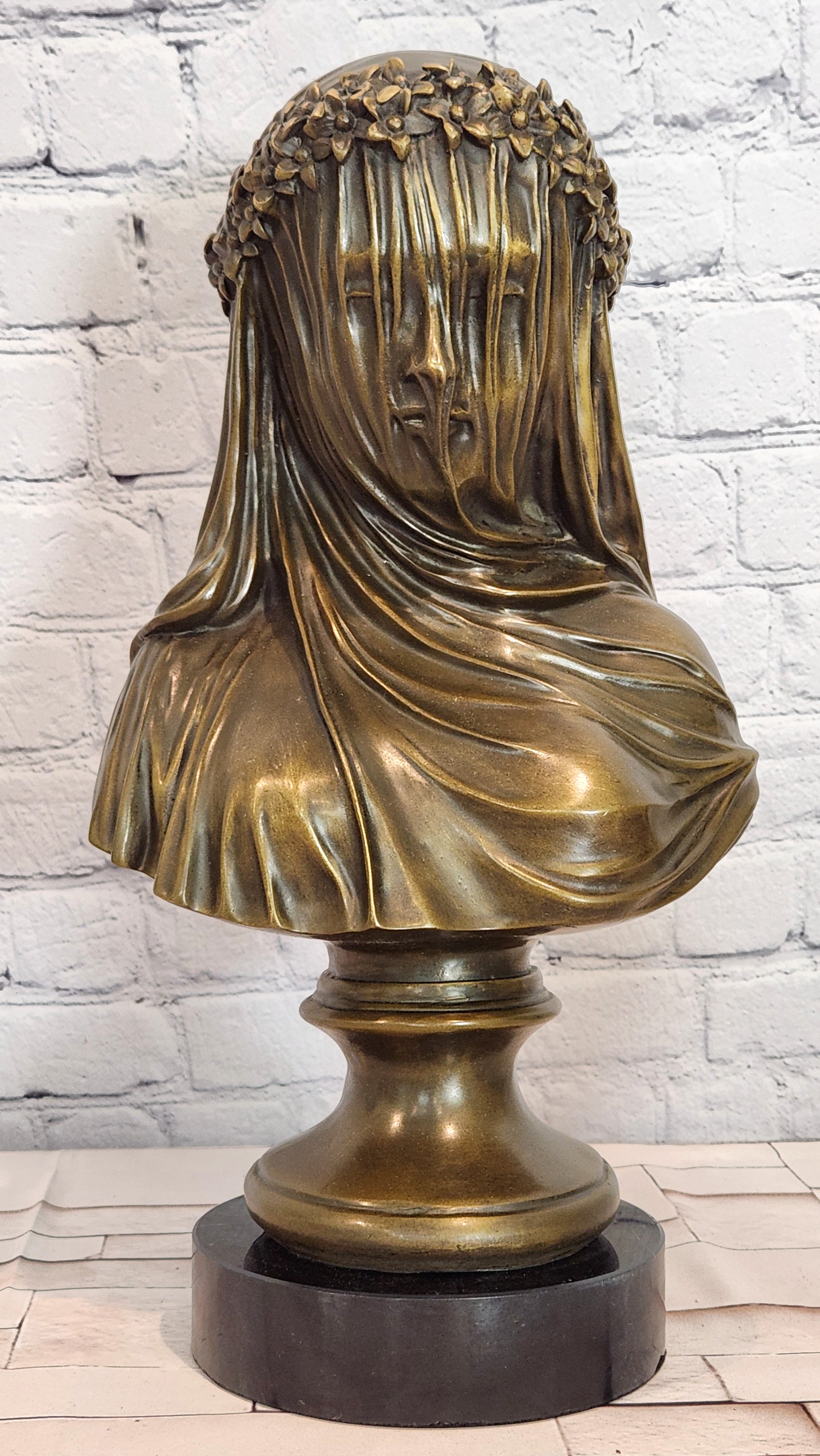 Bronze Veiled Virgin Bust Sculpture Raffaelle Monti Classical Religious Artwork