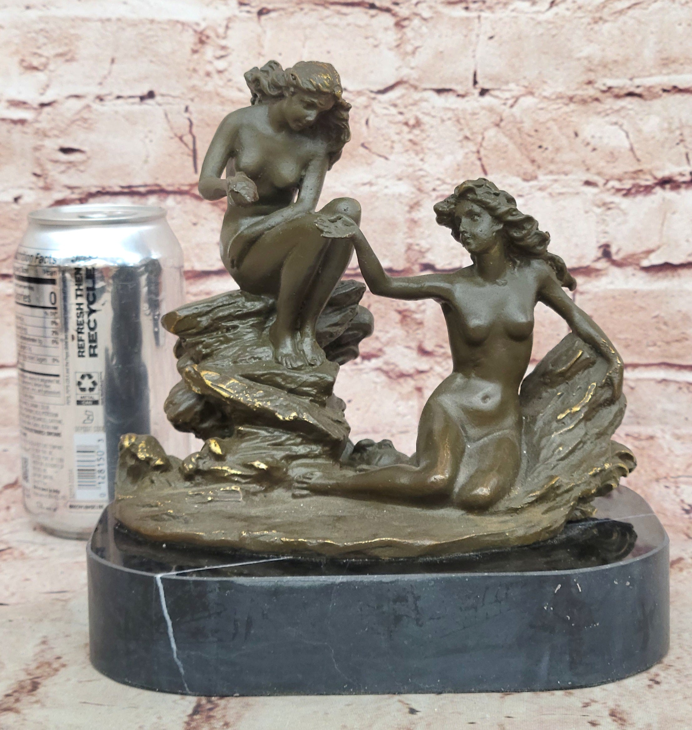 Erotic Bronze Sculpture Statue of Mythical Nude Nymph Girls Resting on Rocky Base Figurine