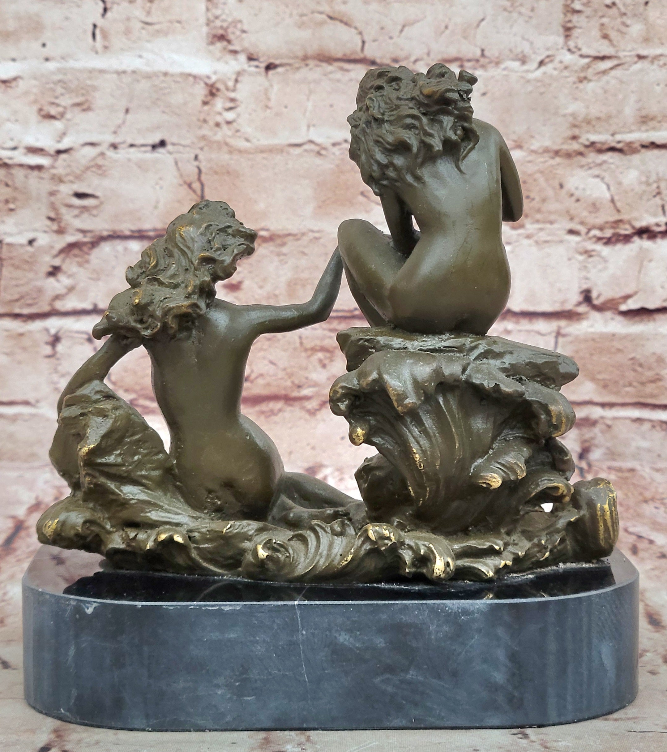 Erotic Bronze Sculpture Statue of Mythical Nude Nymph Girls Resting on Rocky Base Figurine