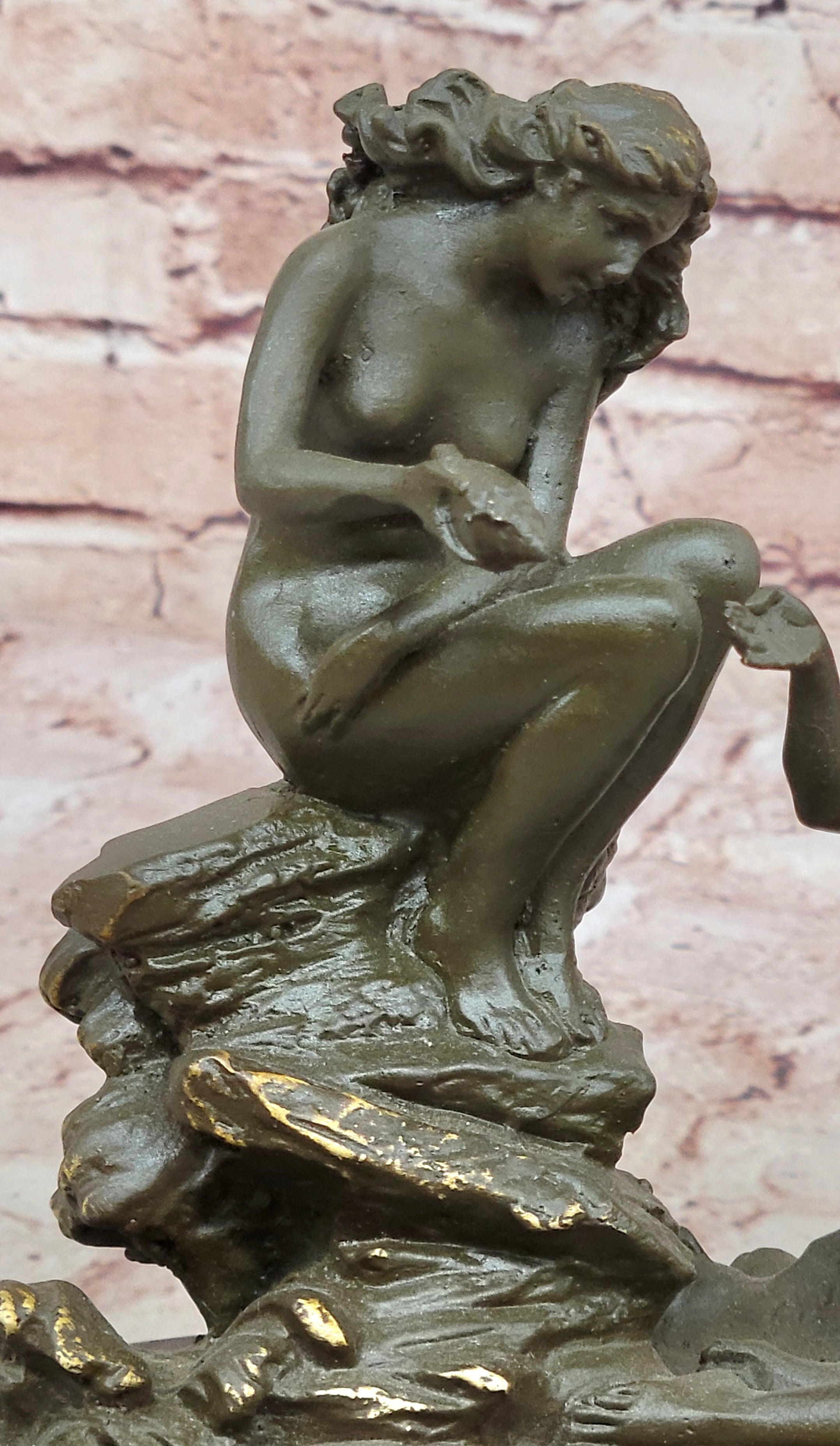 Erotic Bronze Sculpture Statue of Mythical Nude Nymph Girls Resting on Rocky Base Figurine
