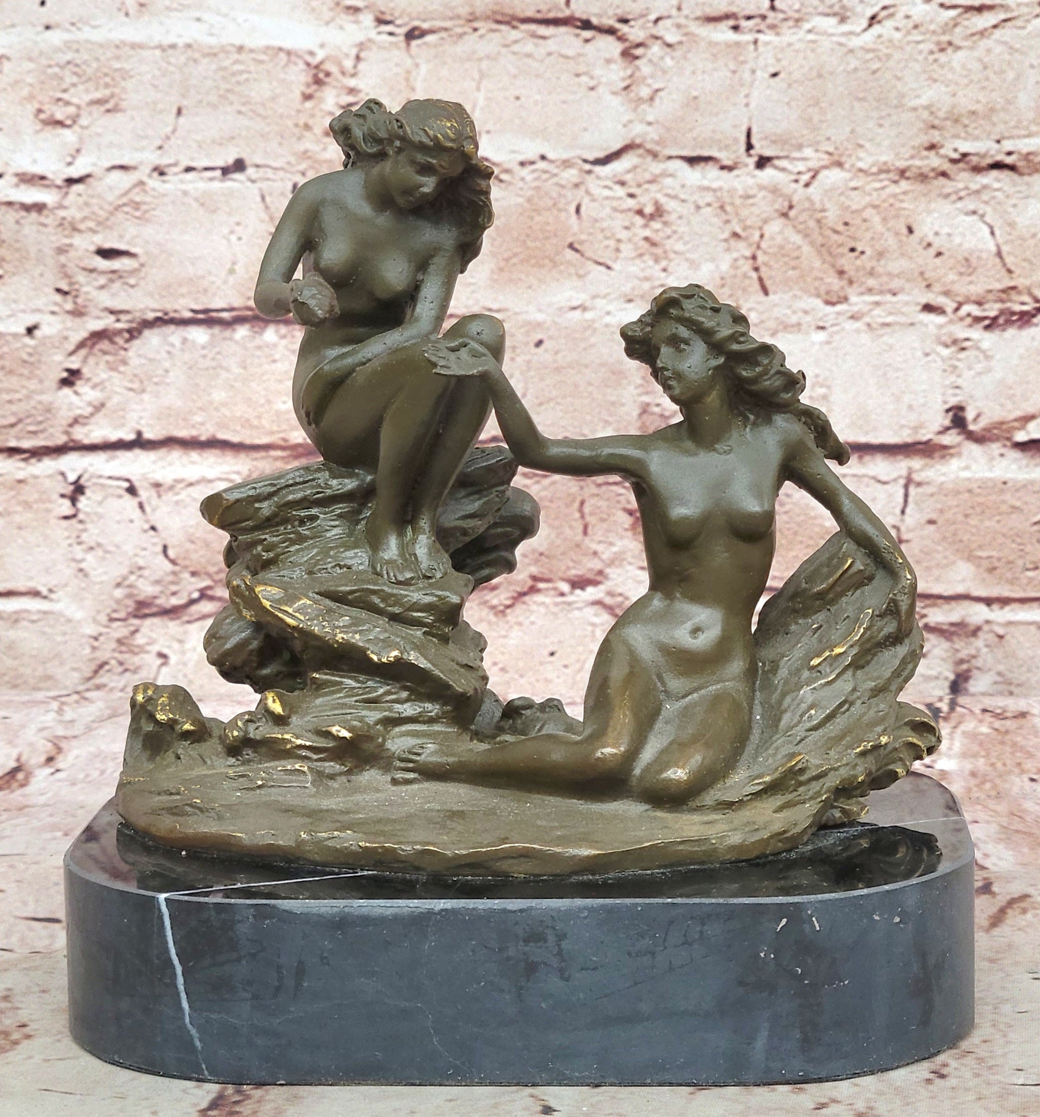 Erotic Bronze Sculpture Statue of Mythical Nude Nymph Girls Resting on Rocky Base Figurine