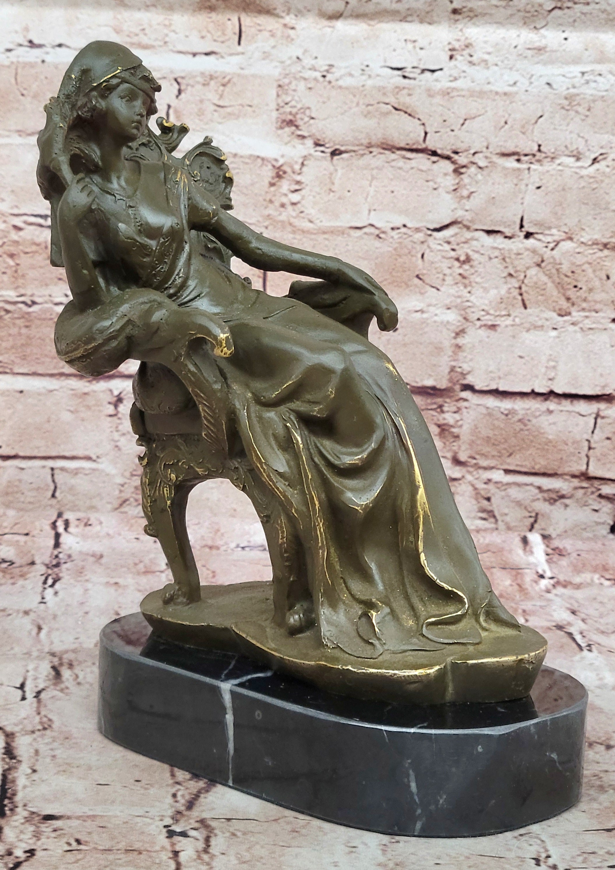 Art Nouveau Girl on Chair Bronze Statue Cesaro Signed Hand Made Figurine Decor