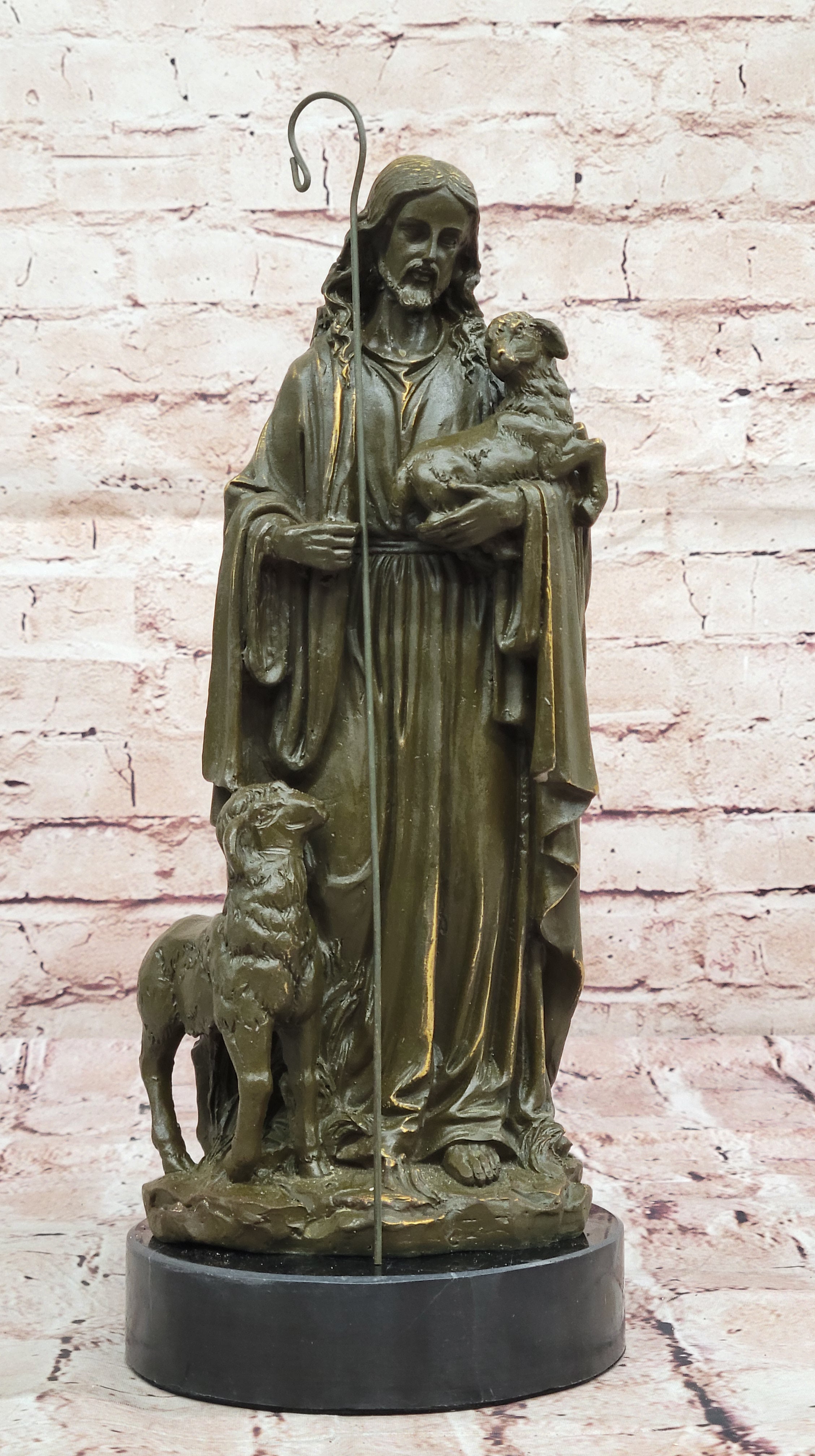 Christian Jesus Holding Lamb Bronze Statue – Home Church Decoration Figurine