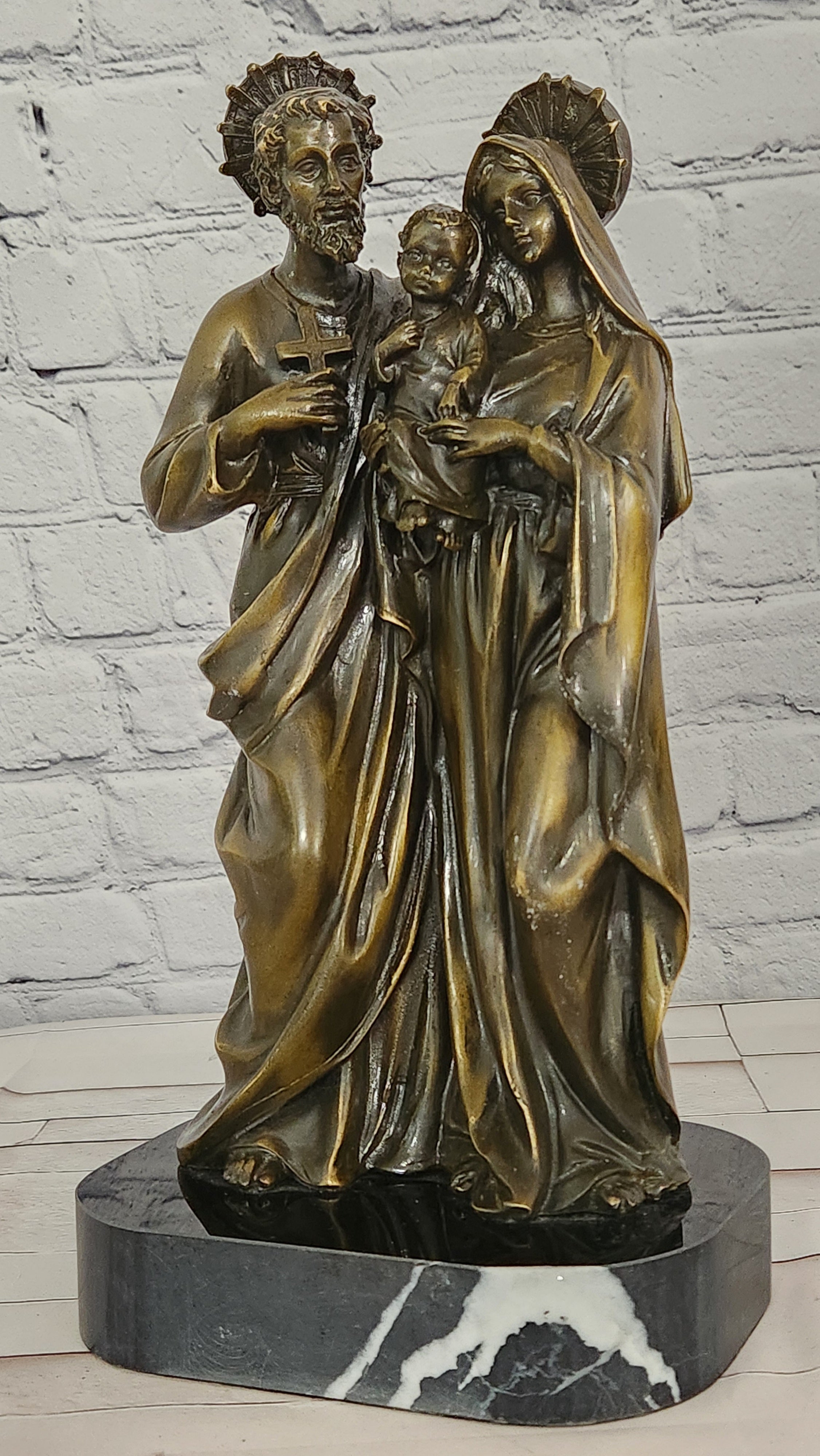 Valli Bronze Saint Joseph Mary Jesus Sculpture Holy Family Collectible Religious Art
