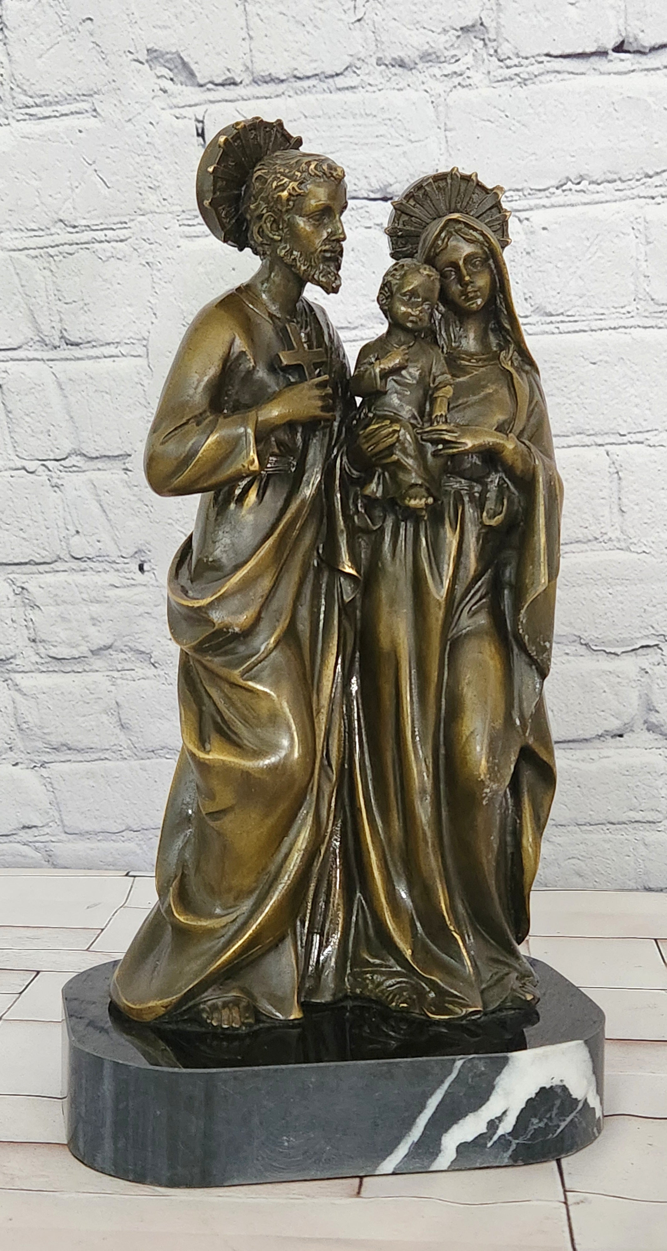 Valli Bronze Saint Joseph Mary Jesus Sculpture Holy Family Collectible Religious Art