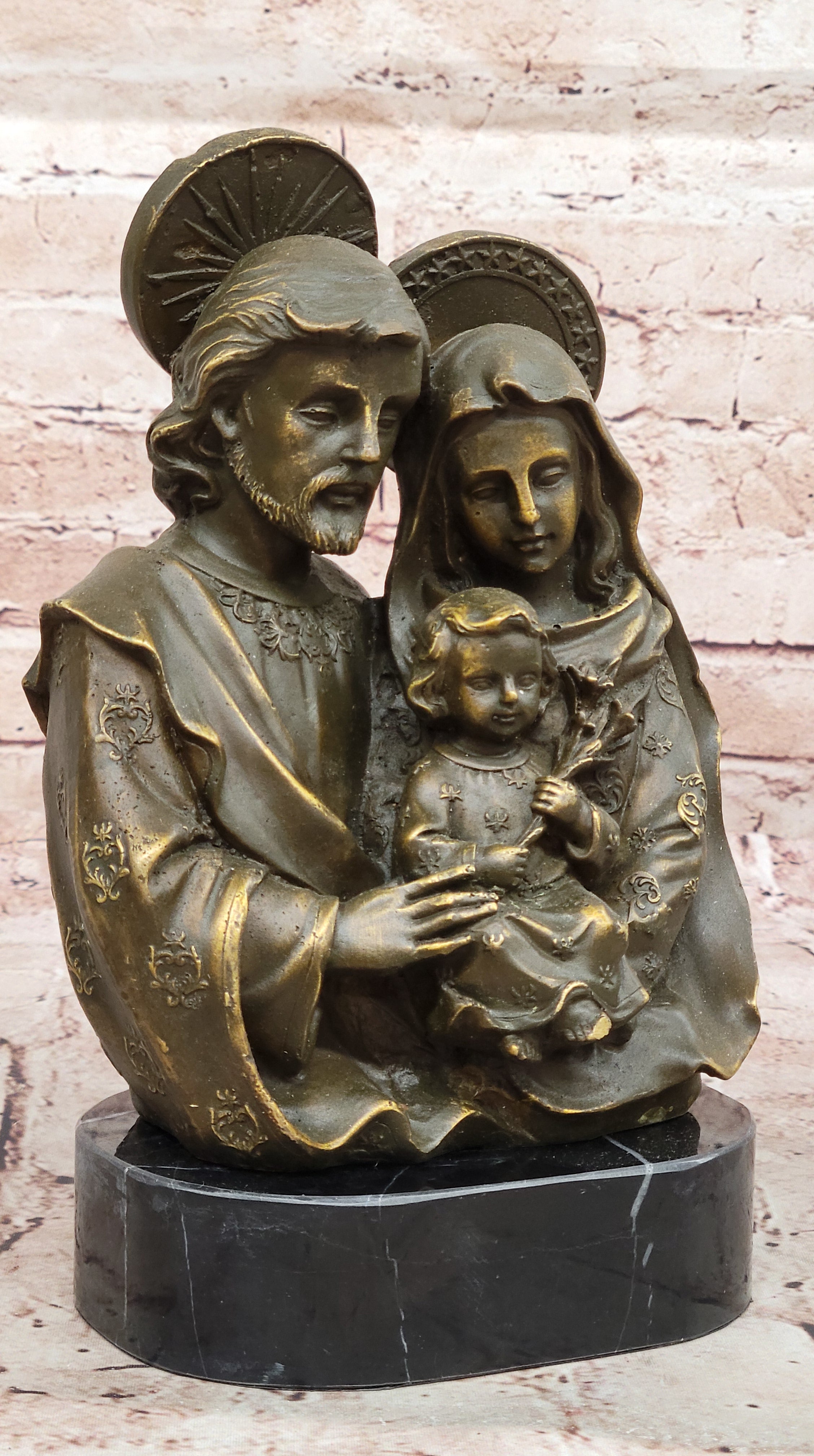 Collectible Bronze Sculpture Holy Family Statue Signed Valli Catholic Christian Art