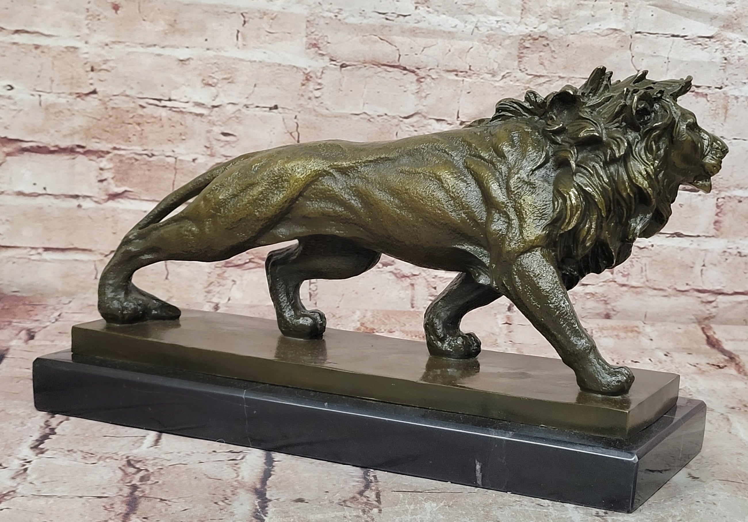 Bronze Wildlife Lion Sculpture Signed Barye Fine Art Collectible Statue