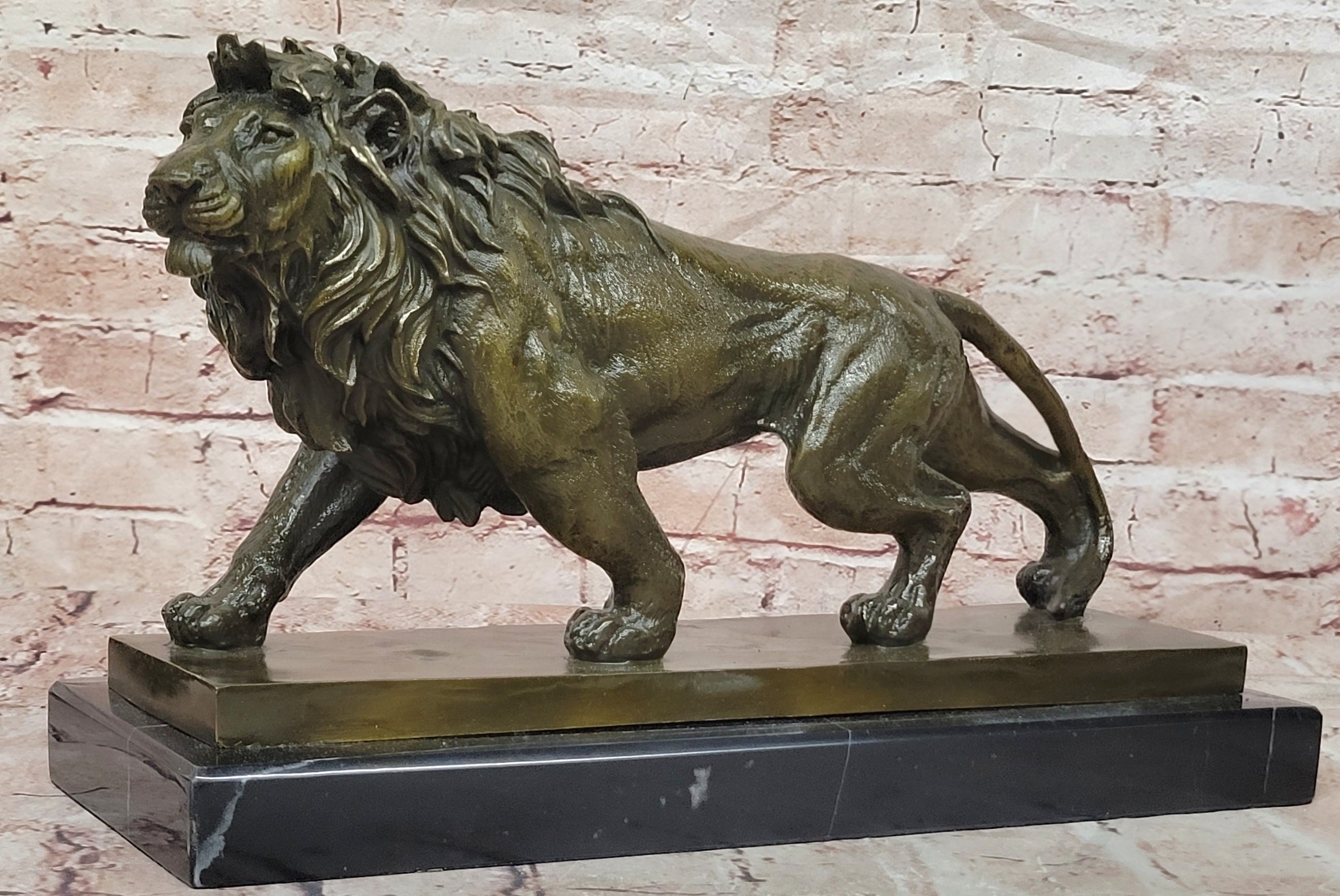 Bronze Wildlife Lion Sculpture Signed Barye Fine Art Collectible Statue