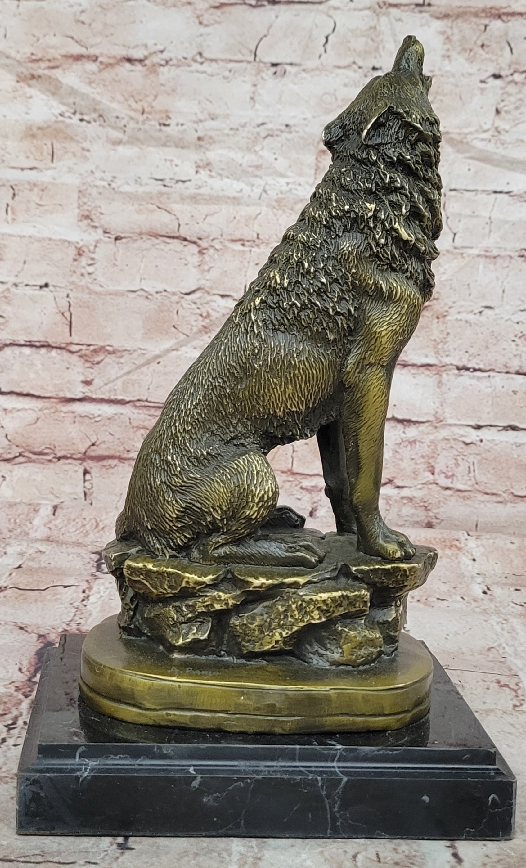 Bronze Howling Wolf Sculpture Signed Barye Wildlife Animal Statue Fine Artwork