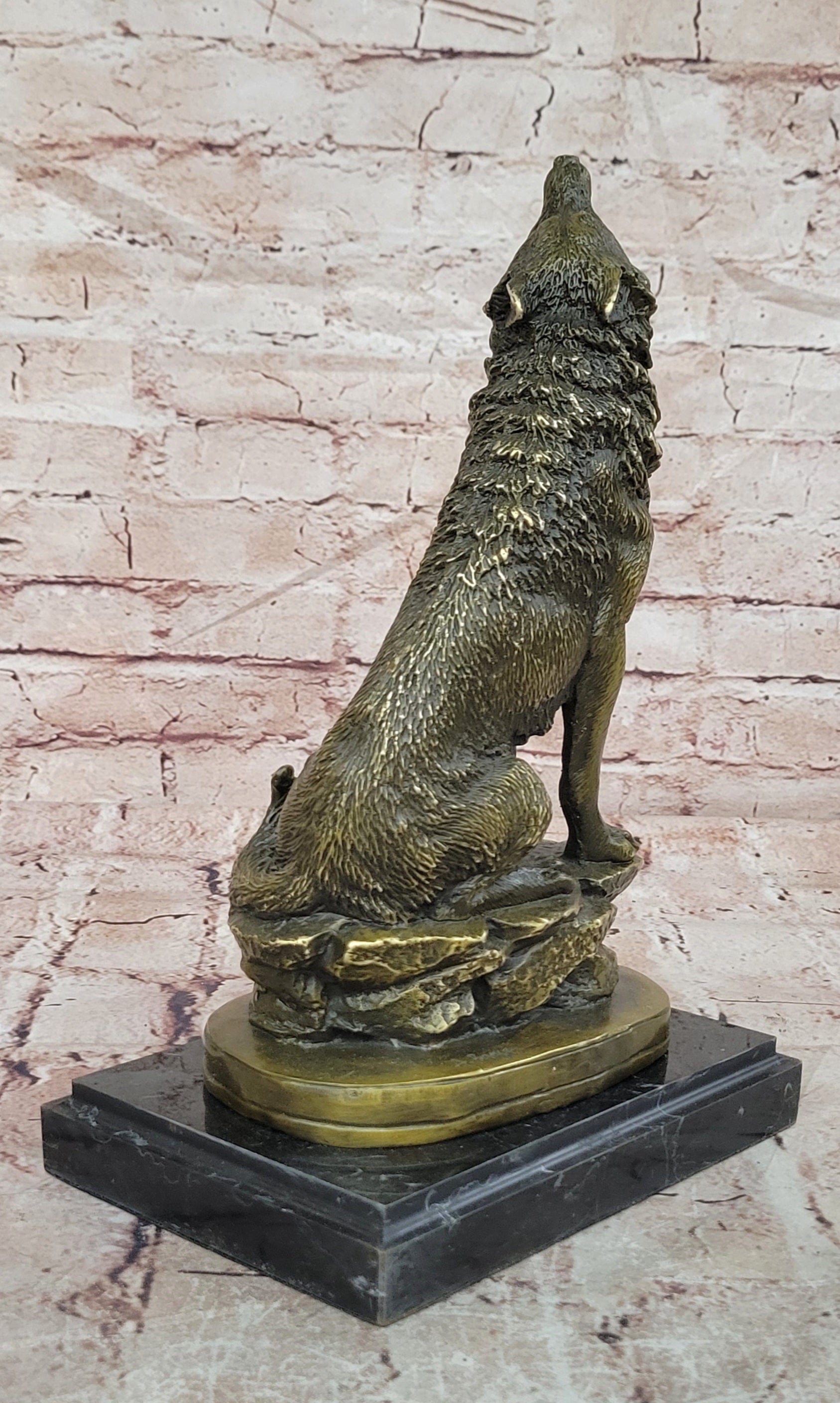Bronze Howling Wolf Sculpture Signed Barye Wildlife Animal Statue Fine Artwork