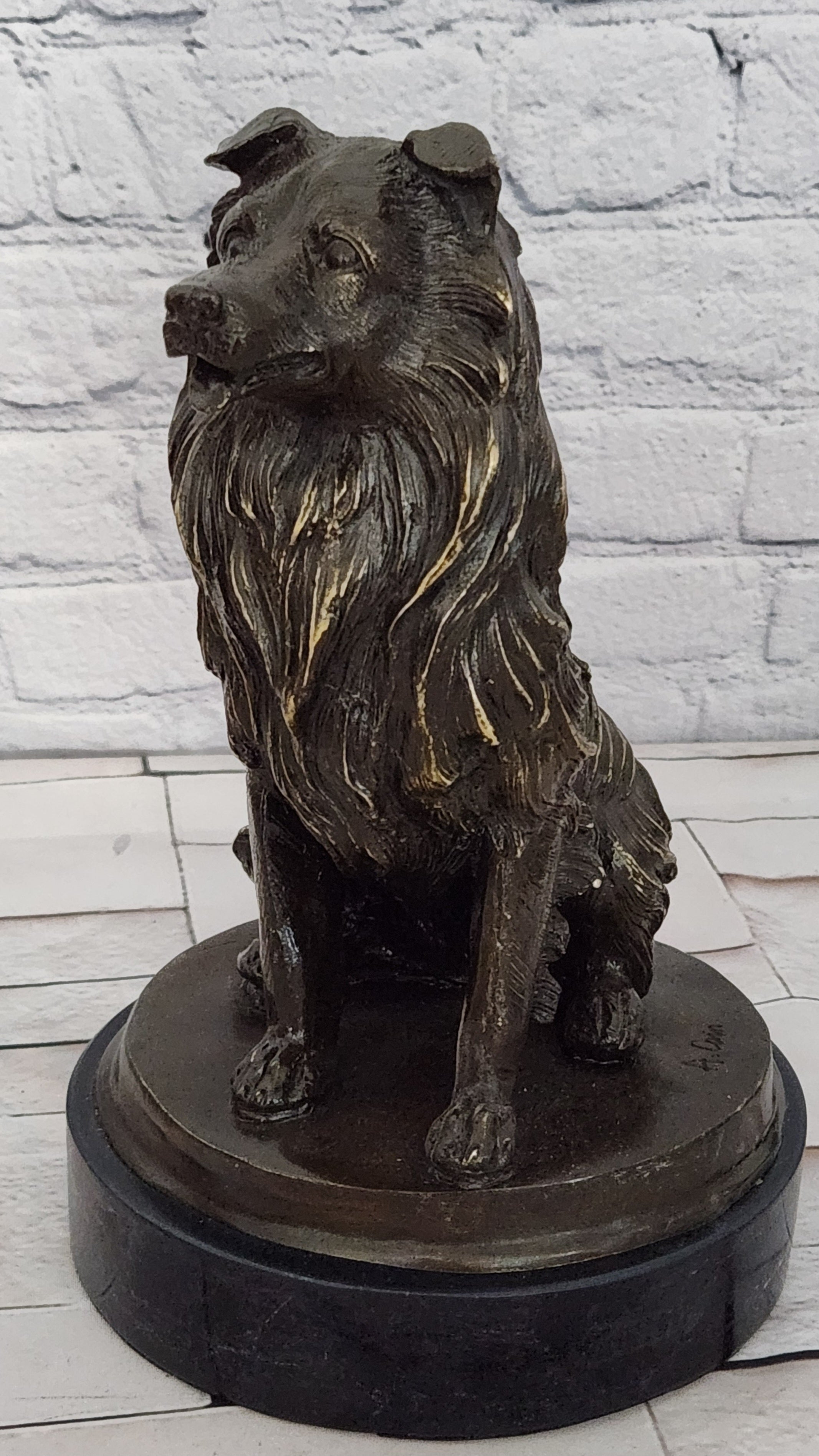 Signed A. Caine Bronze Dog Sculpture Collie Breed Loyal Pet Figurine Art Piece