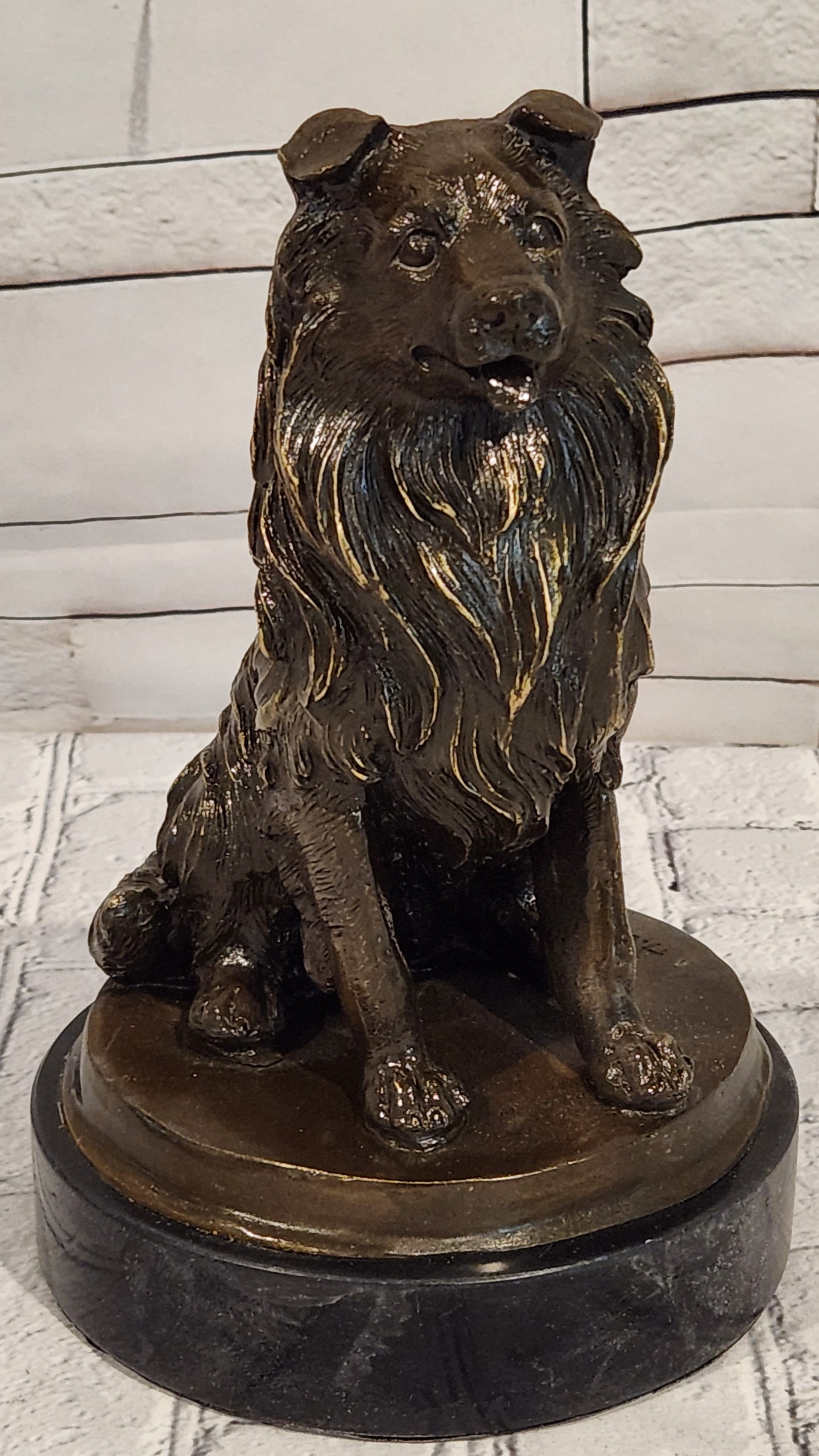 Signed A. Caine Bronze Dog Sculpture Collie Breed Loyal Pet Figurine Art Piece