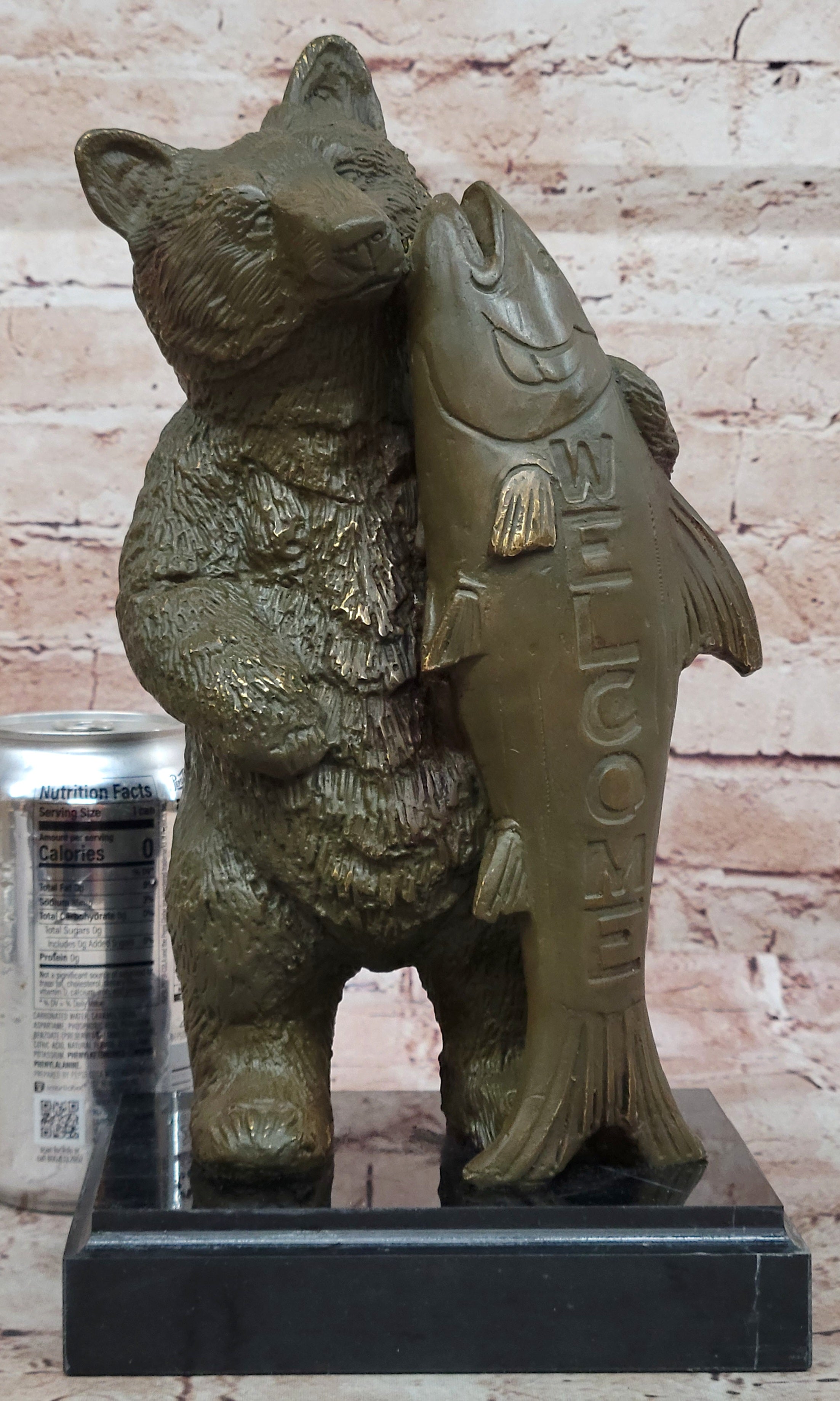 Garden Bronze Sculpture Statue of Bear with Welcome Sign by M Lopez Home Wildlife Figurine Art