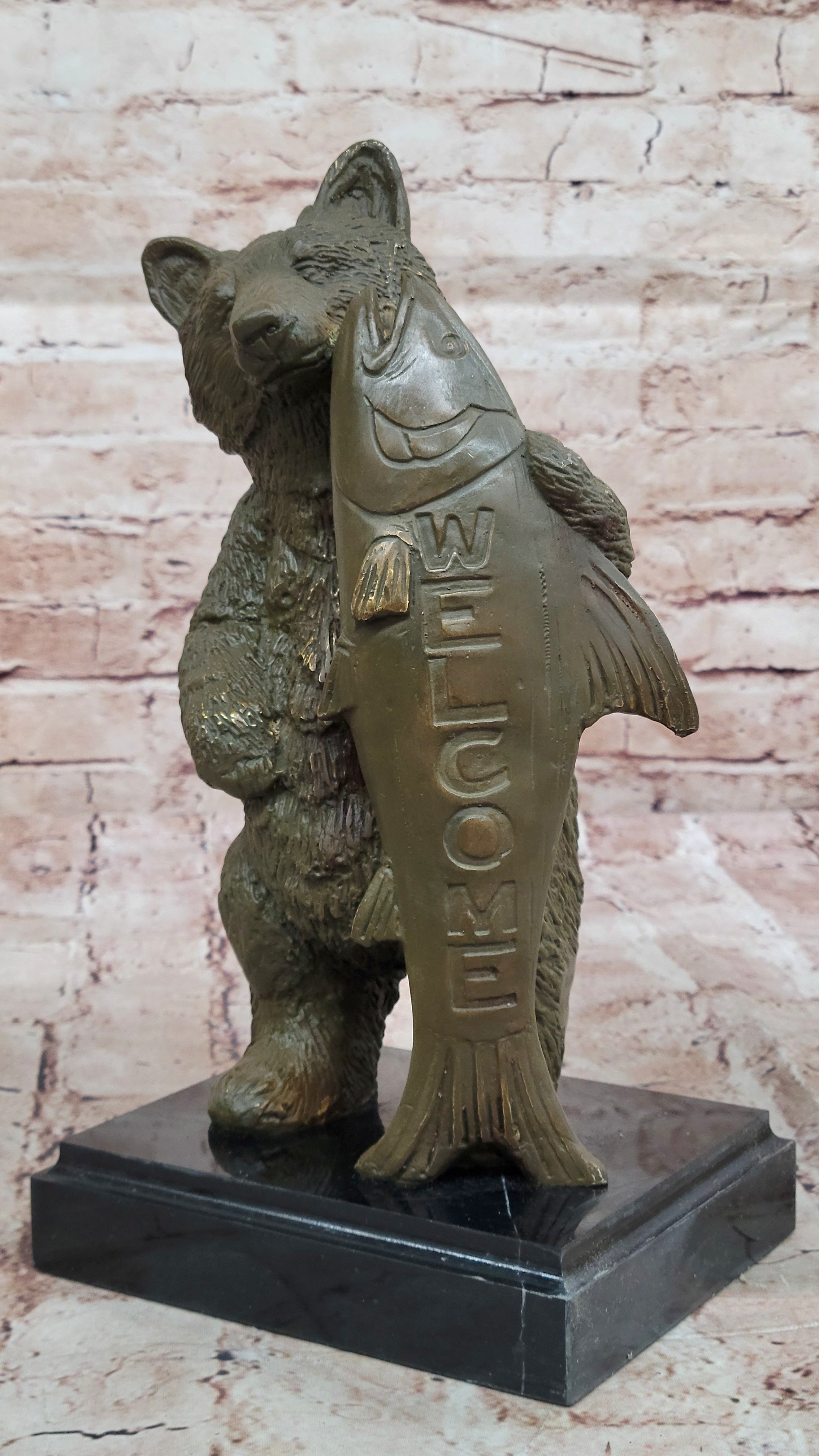 Garden Bronze Sculpture Statue of Bear with Welcome Sign by M Lopez Home Wildlife Figurine Art