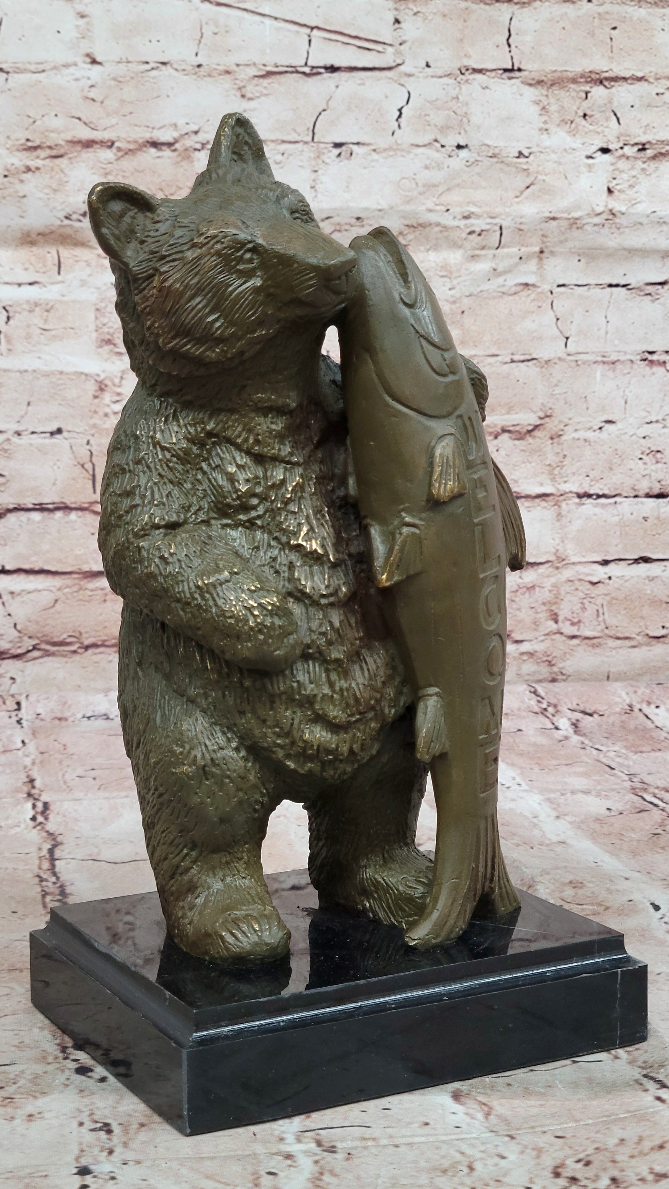 Garden Bronze Sculpture Statue of Bear with Welcome Sign by M Lopez Home Wildlife Figurine Art