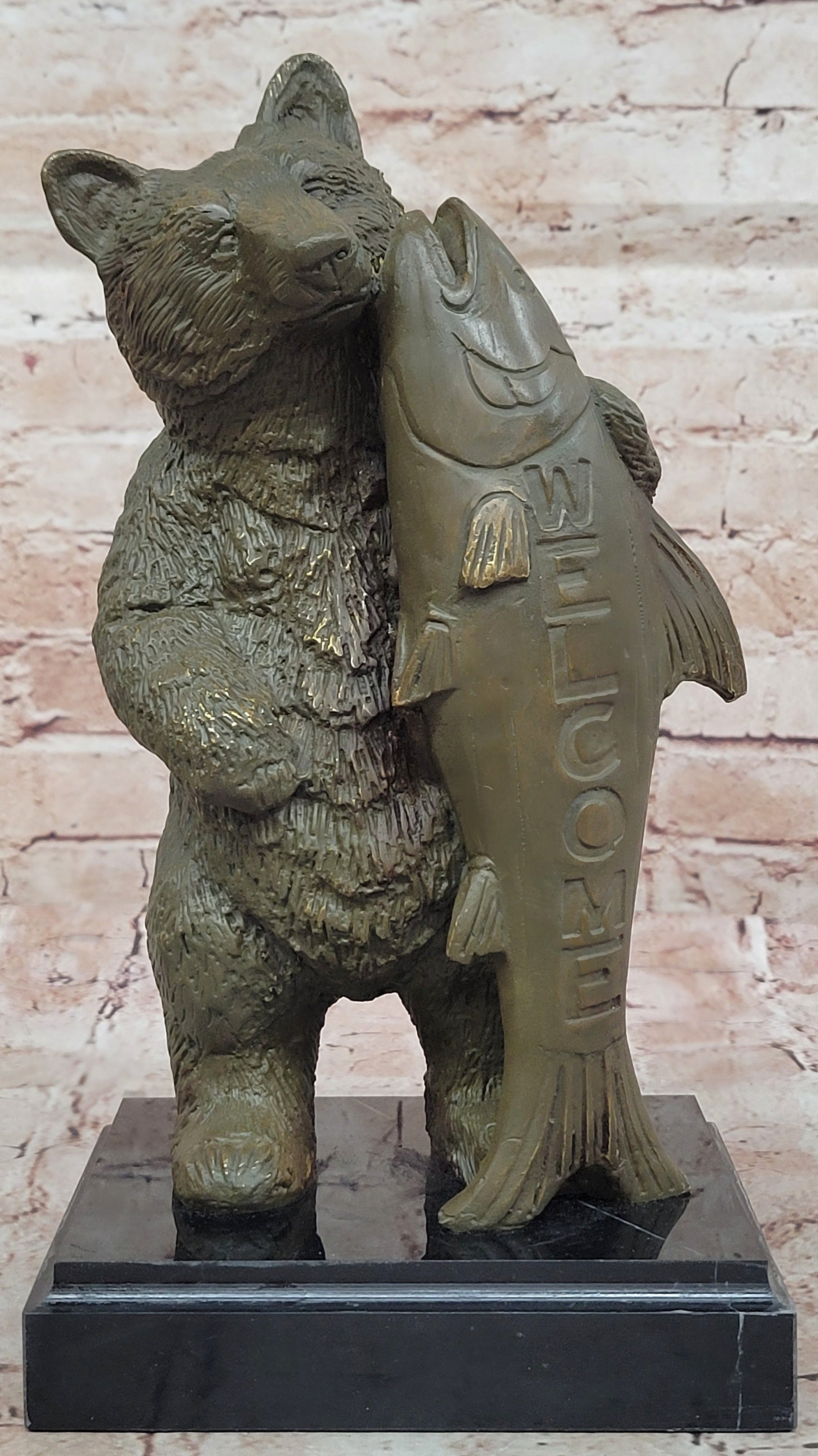 Garden Bronze Sculpture Statue of Bear with Welcome Sign by M Lopez Home Wildlife Figurine Art