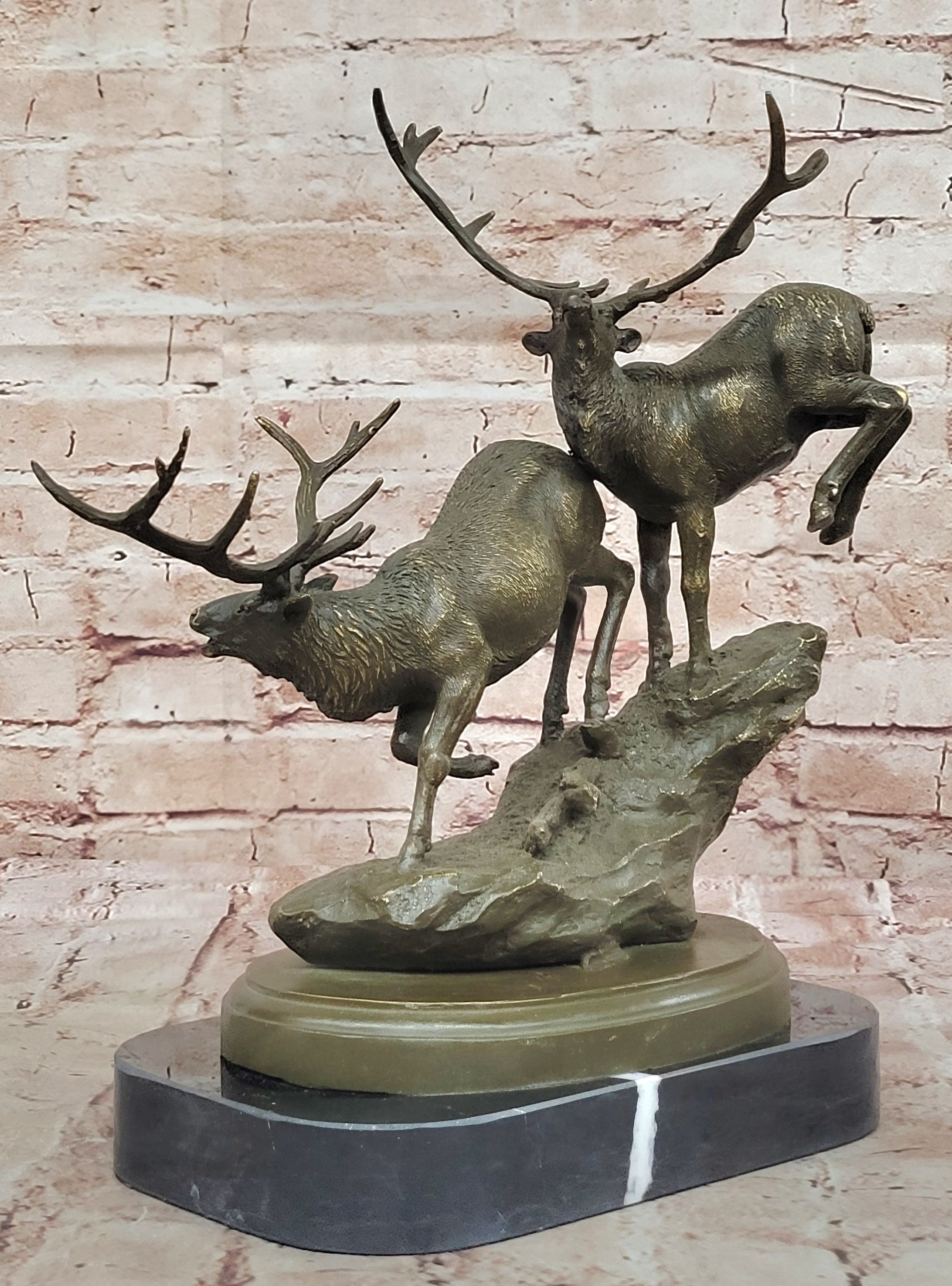 Sportsman Cabin Decor Running Buck Bronze Sculpture Elk Figurine Signed Bugatti Statue