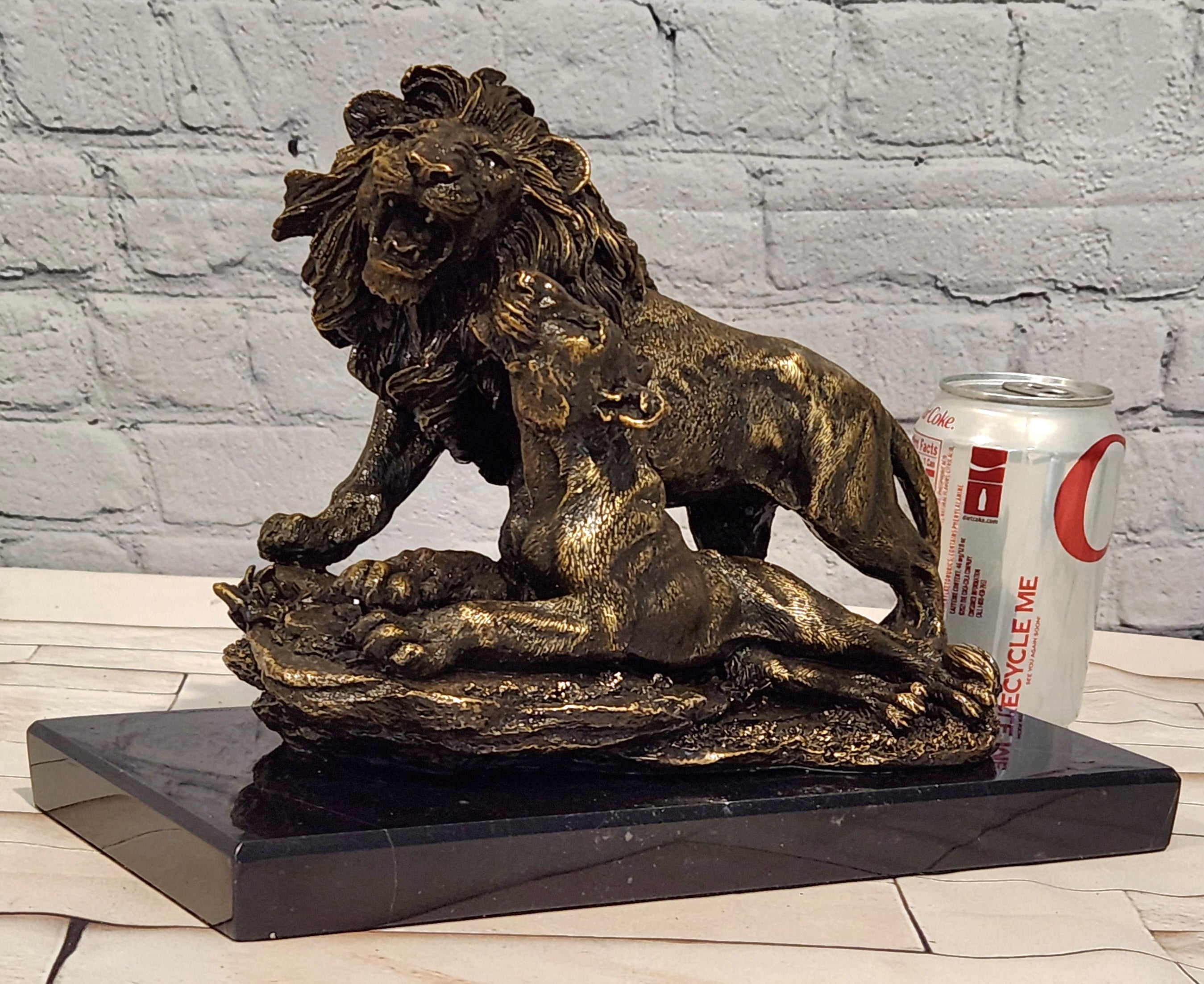 Bronze Lion Couple Figurine Signed A. Barye Wildlife Collectible Sculpture