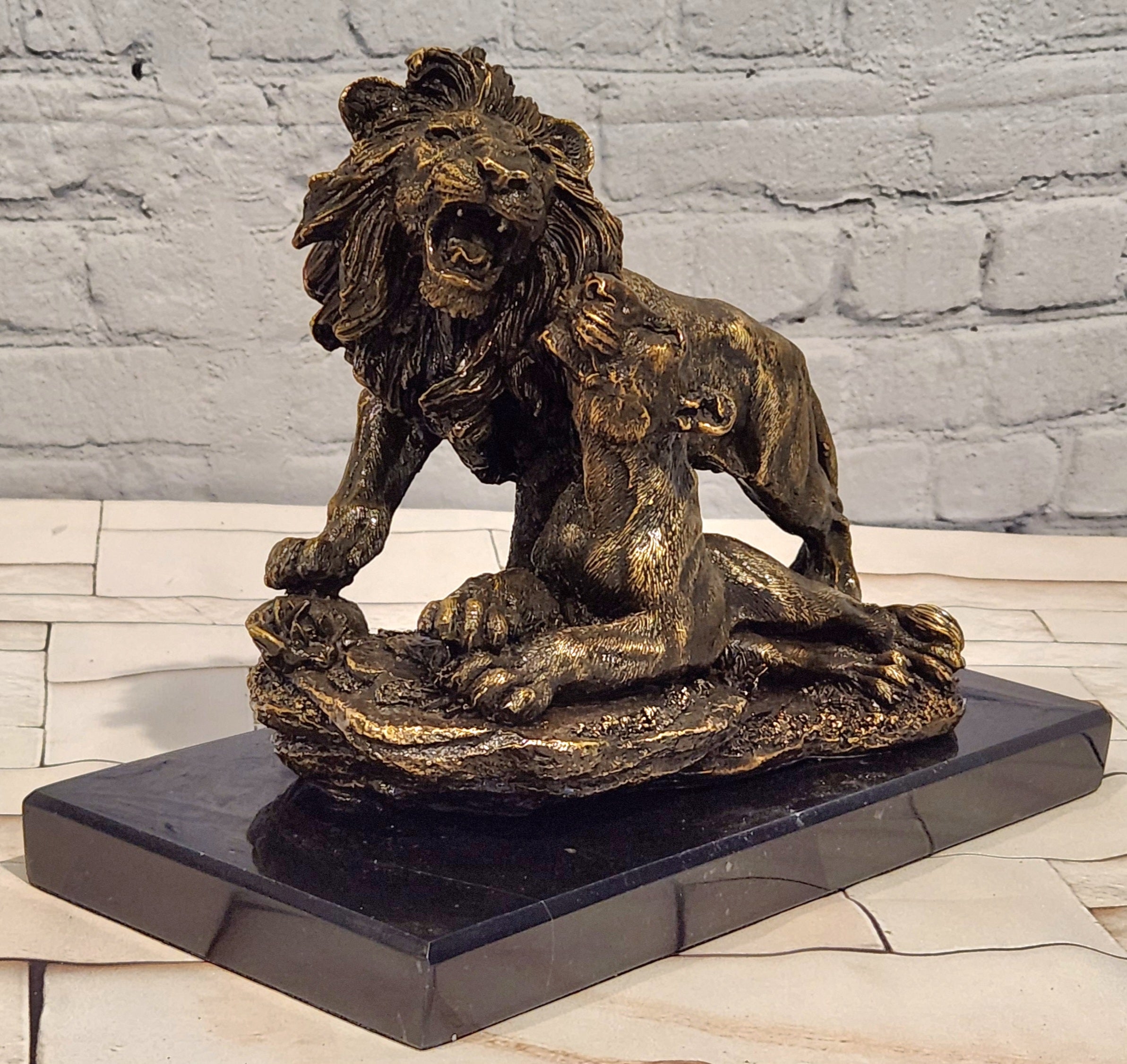 Bronze Lion Couple Figurine Signed A. Barye Wildlife Collectible Sculpture