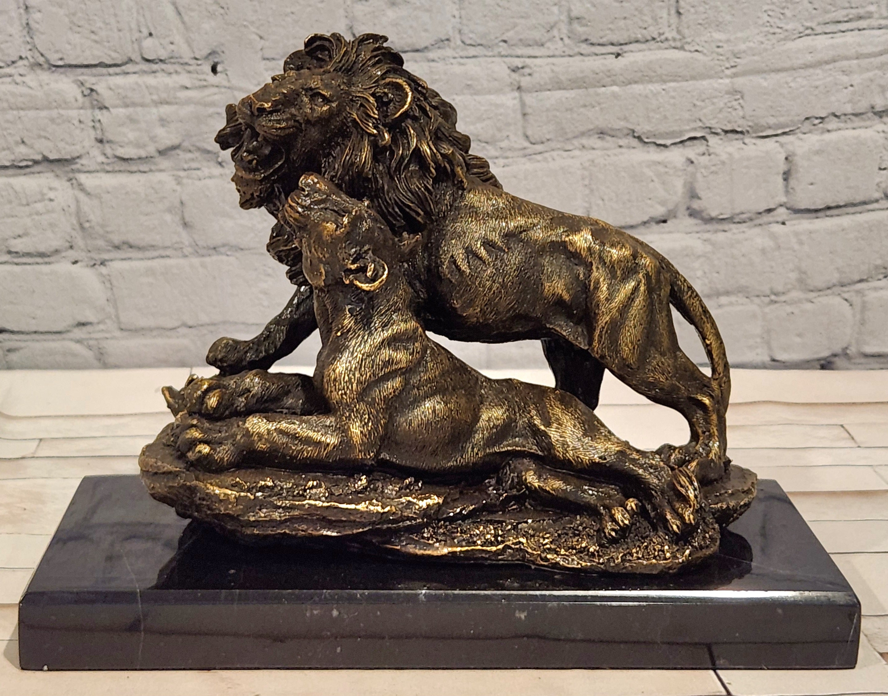 Bronze Lion Couple Figurine Signed A. Barye Wildlife Collectible Sculpture