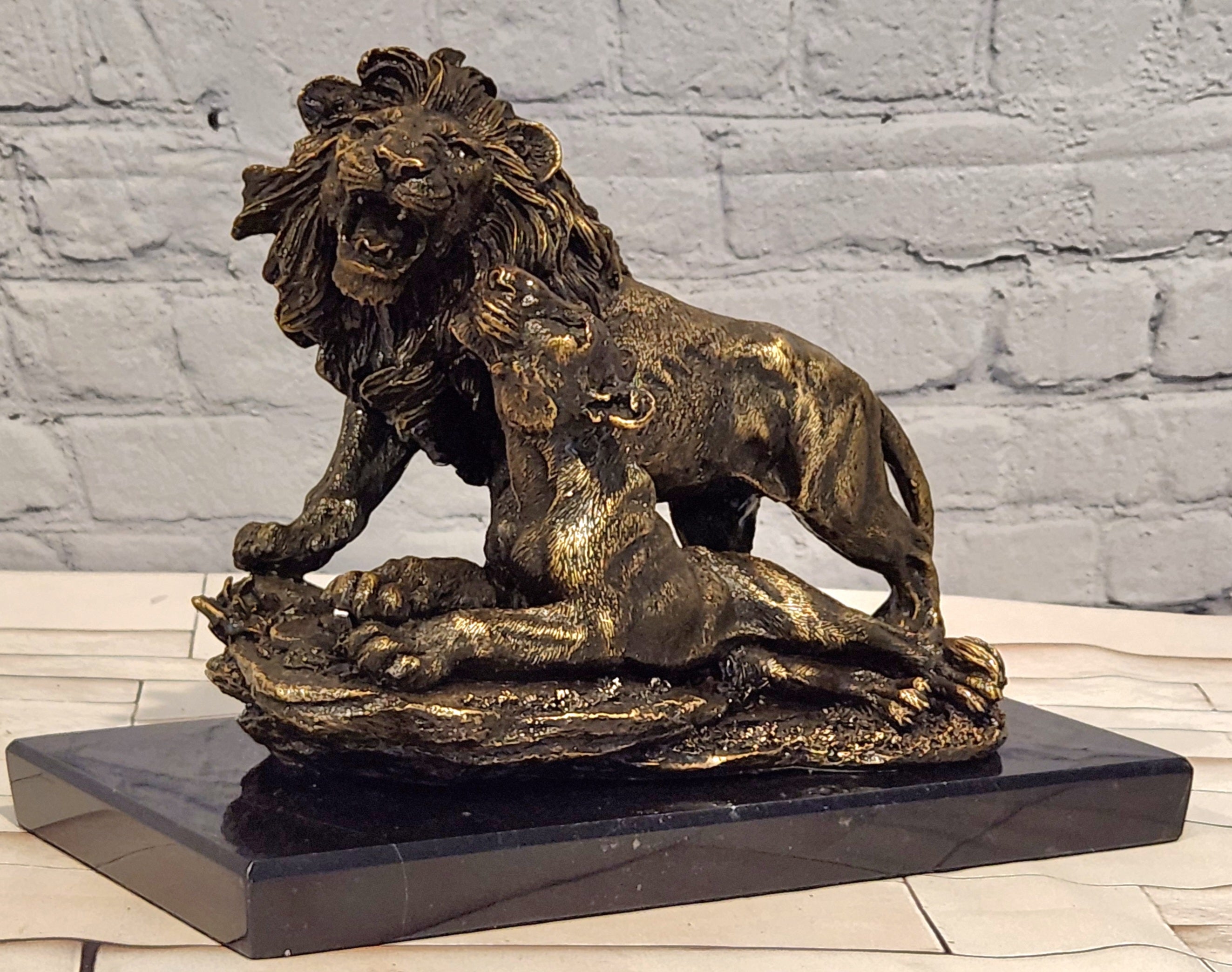Bronze Lion Couple Figurine Signed A. Barye Wildlife Collectible Sculpture