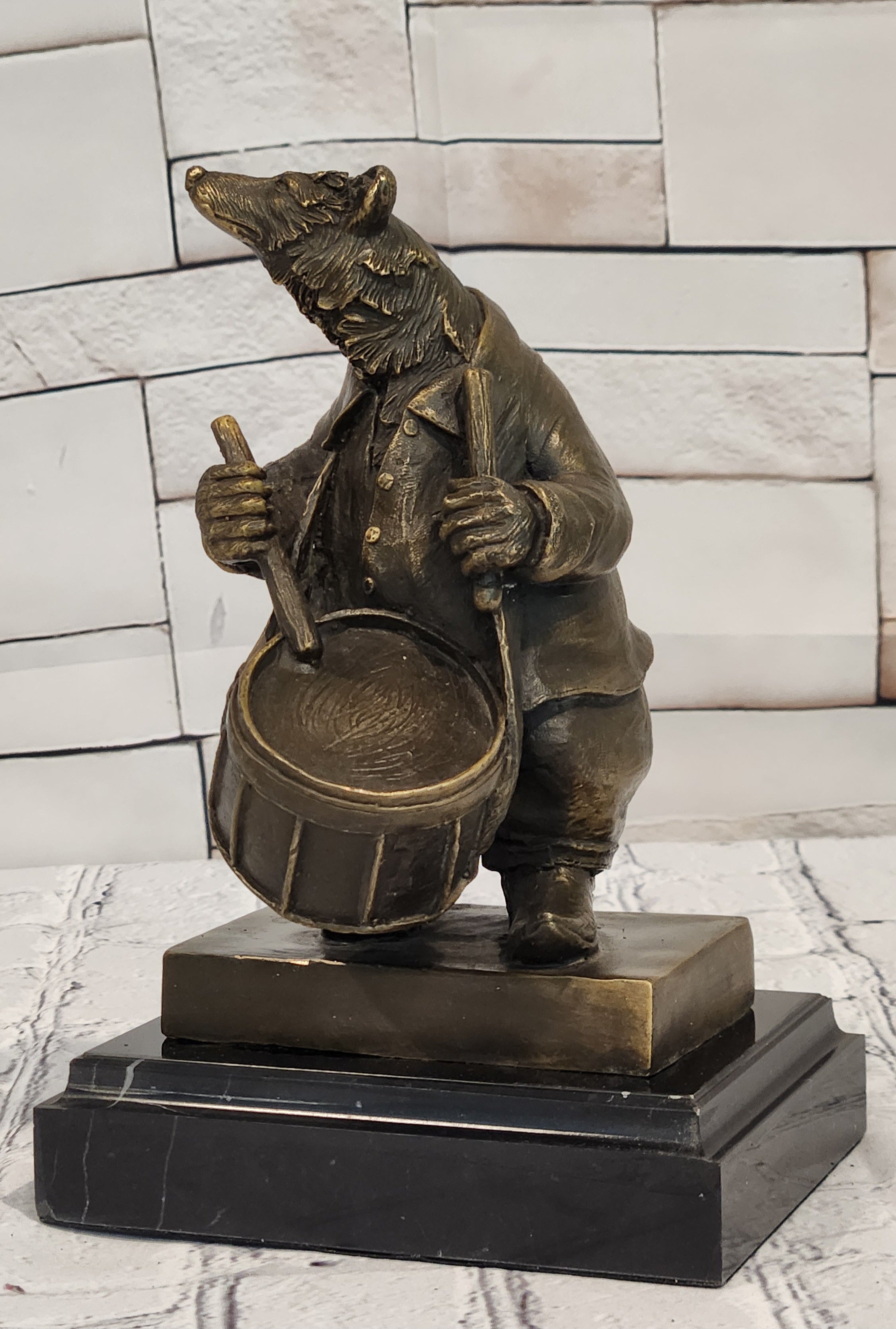 Signed Original Bronze Bear Playing Drum Figurine Musical Animal Art Collectible