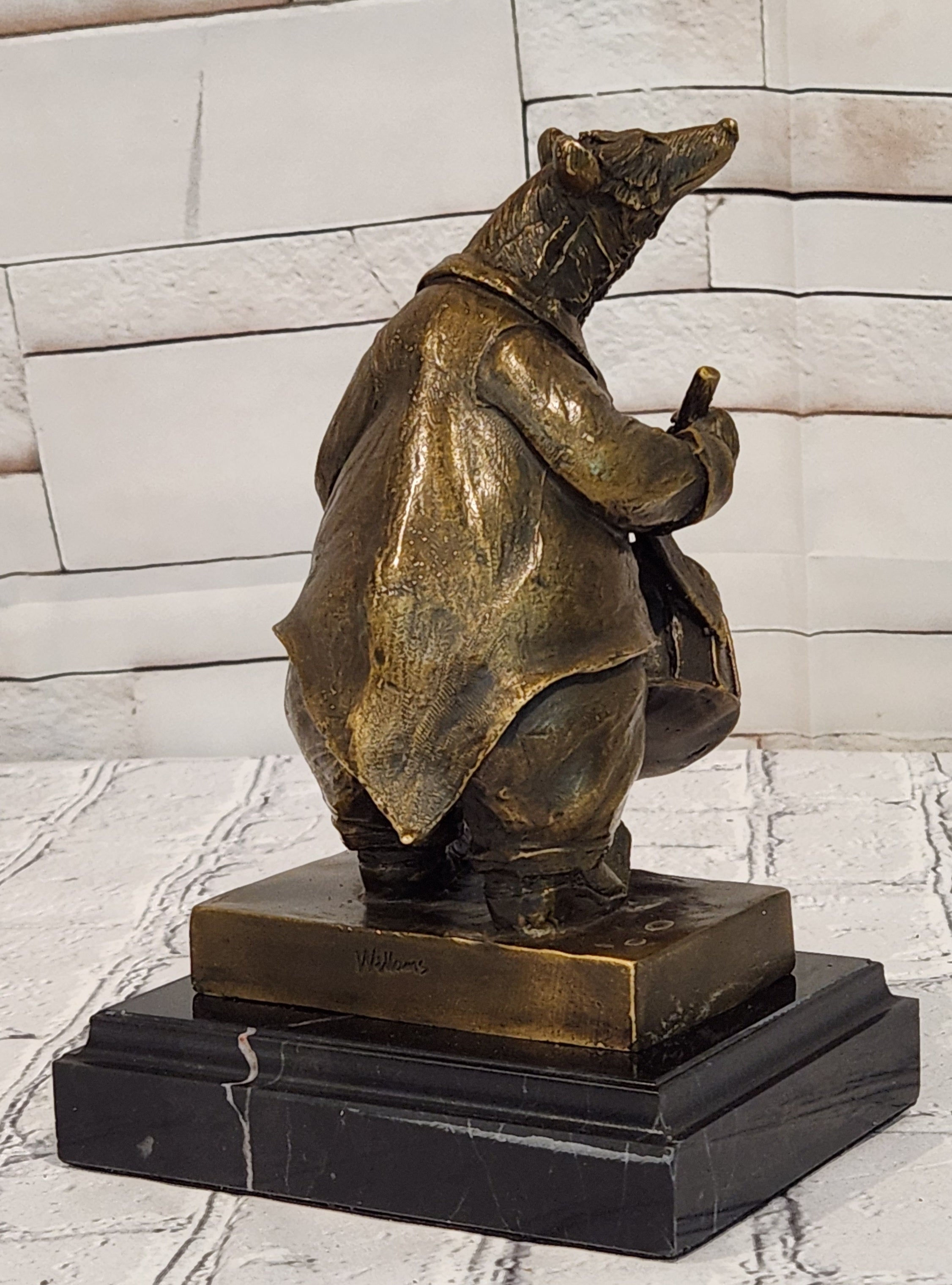 Signed Original Bronze Bear Playing Drum Figurine Musical Animal Art Collectible
