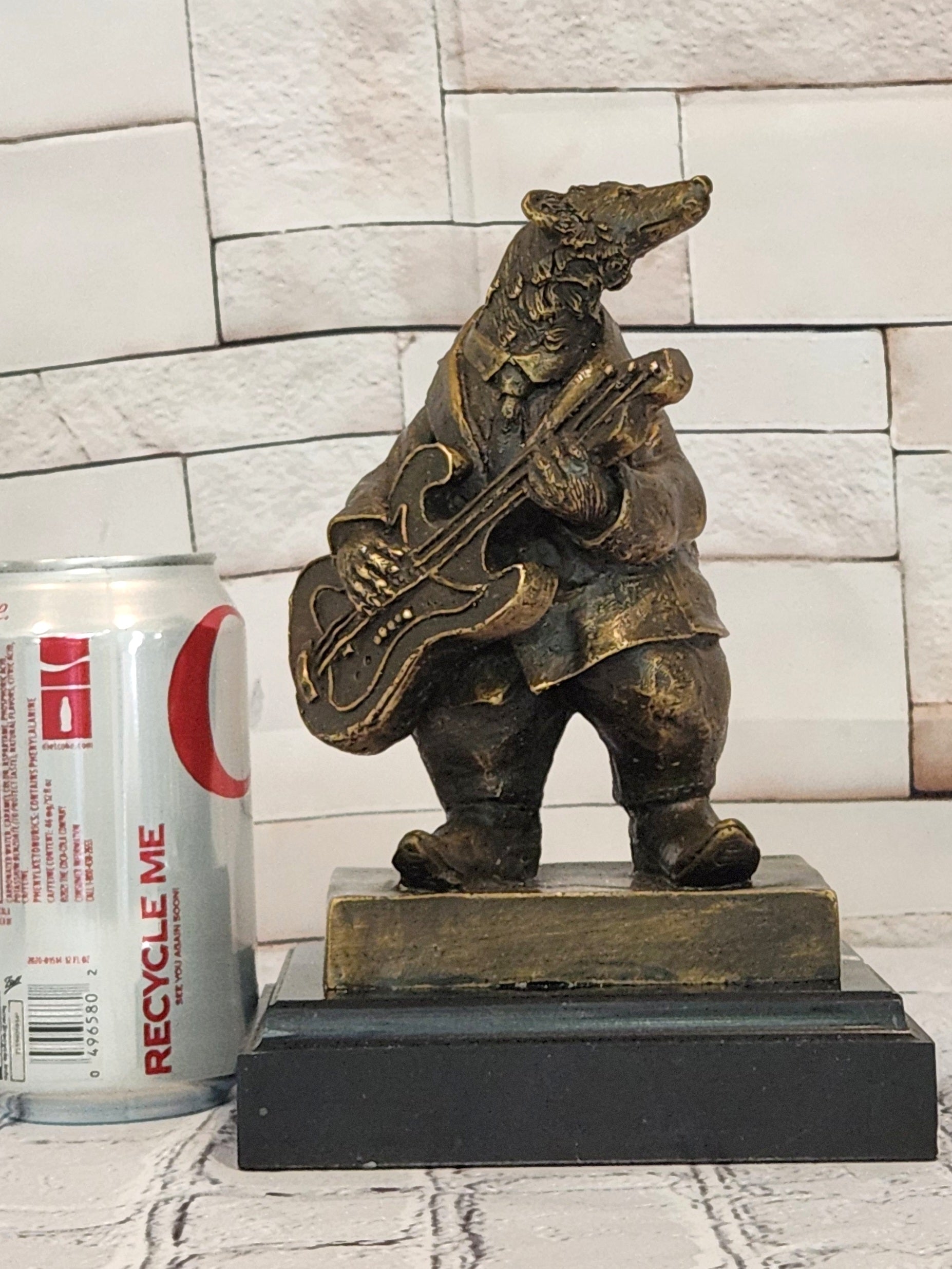 Bronze Musical Bear Sculpture Signed Williams Instrument Playing Animal Art Statue