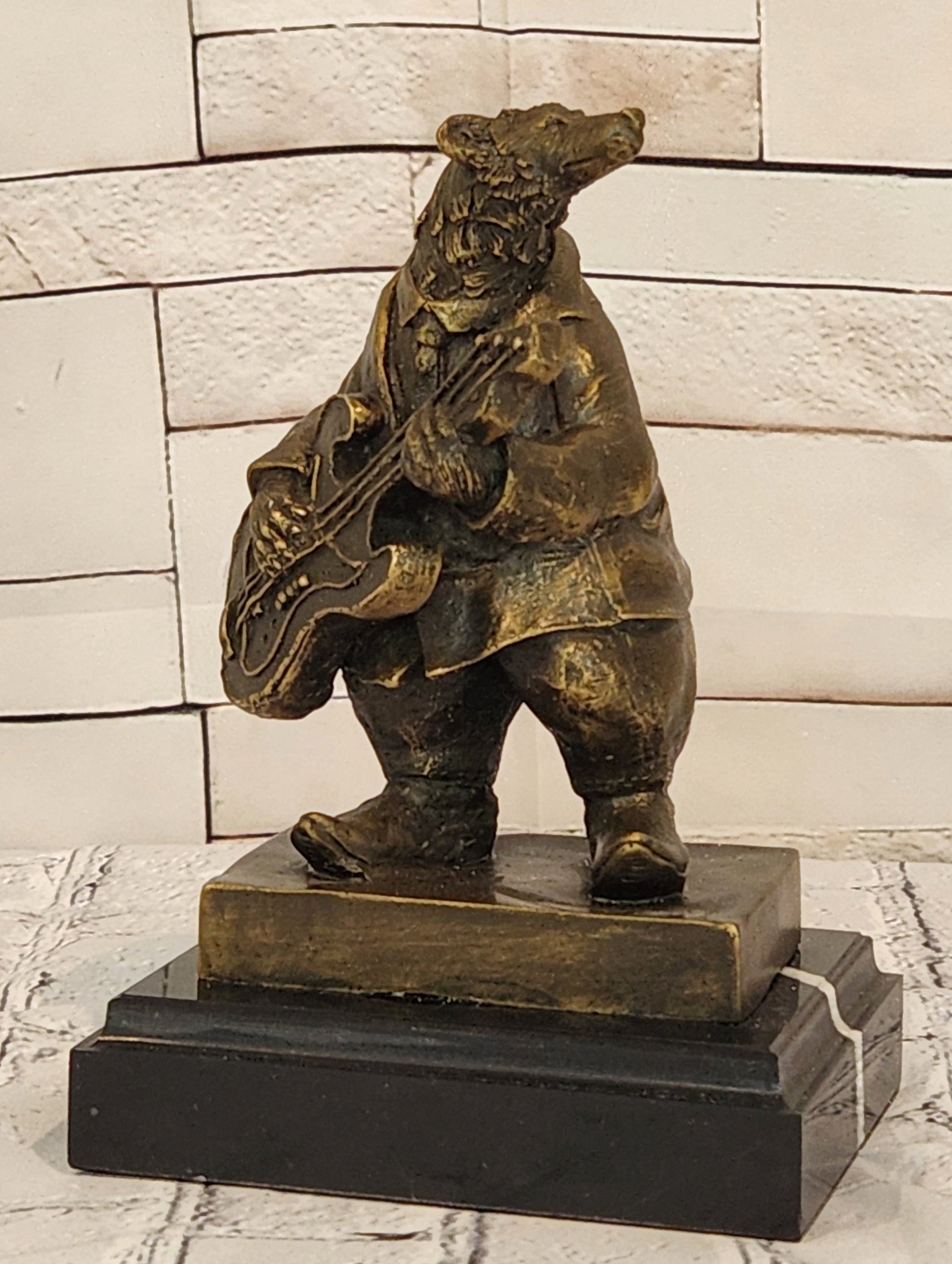 Bronze Musical Bear Sculpture Signed Williams Instrument Playing Animal Art Statue