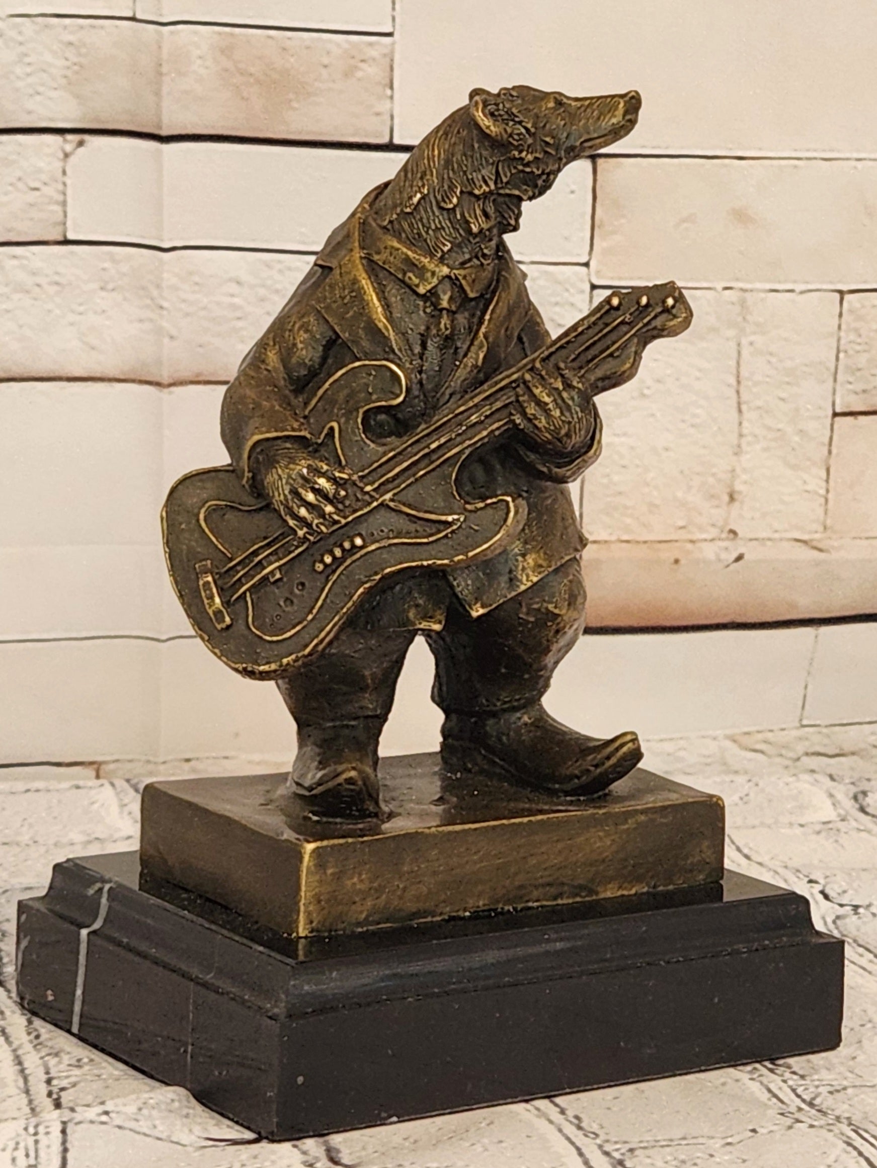 Bronze Musical Bear Sculpture Signed Williams Instrument Playing Animal Art Statue