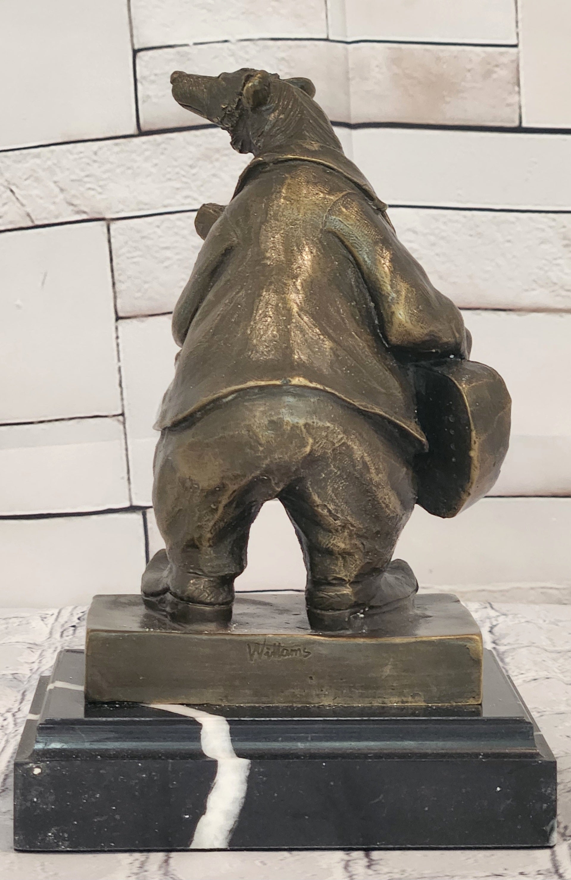 Bronze Musical Bear Sculpture Signed Williams Instrument Playing Animal Art Statue