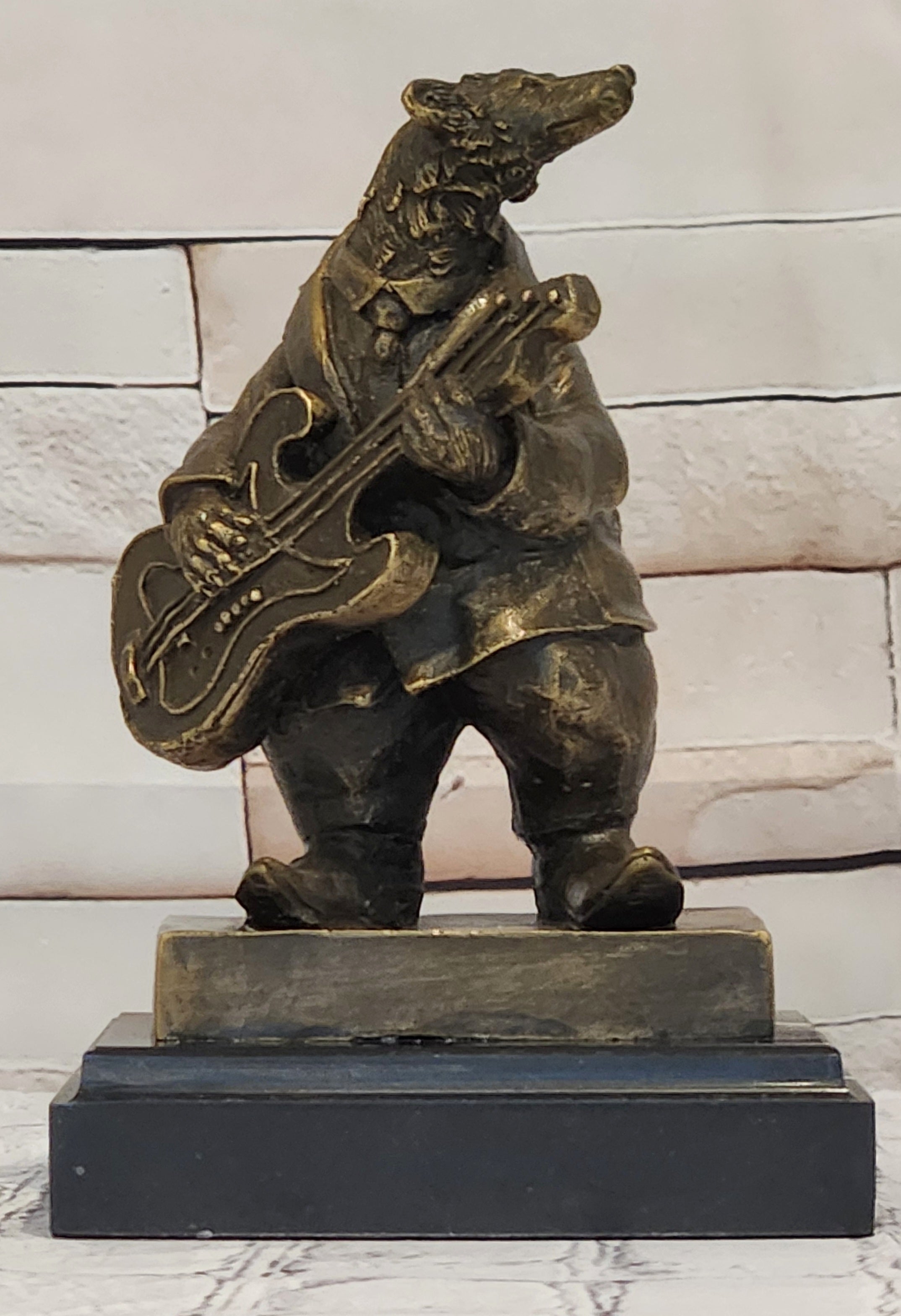 Bronze Musical Bear Sculpture Signed Williams Instrument Playing Animal Art Statue