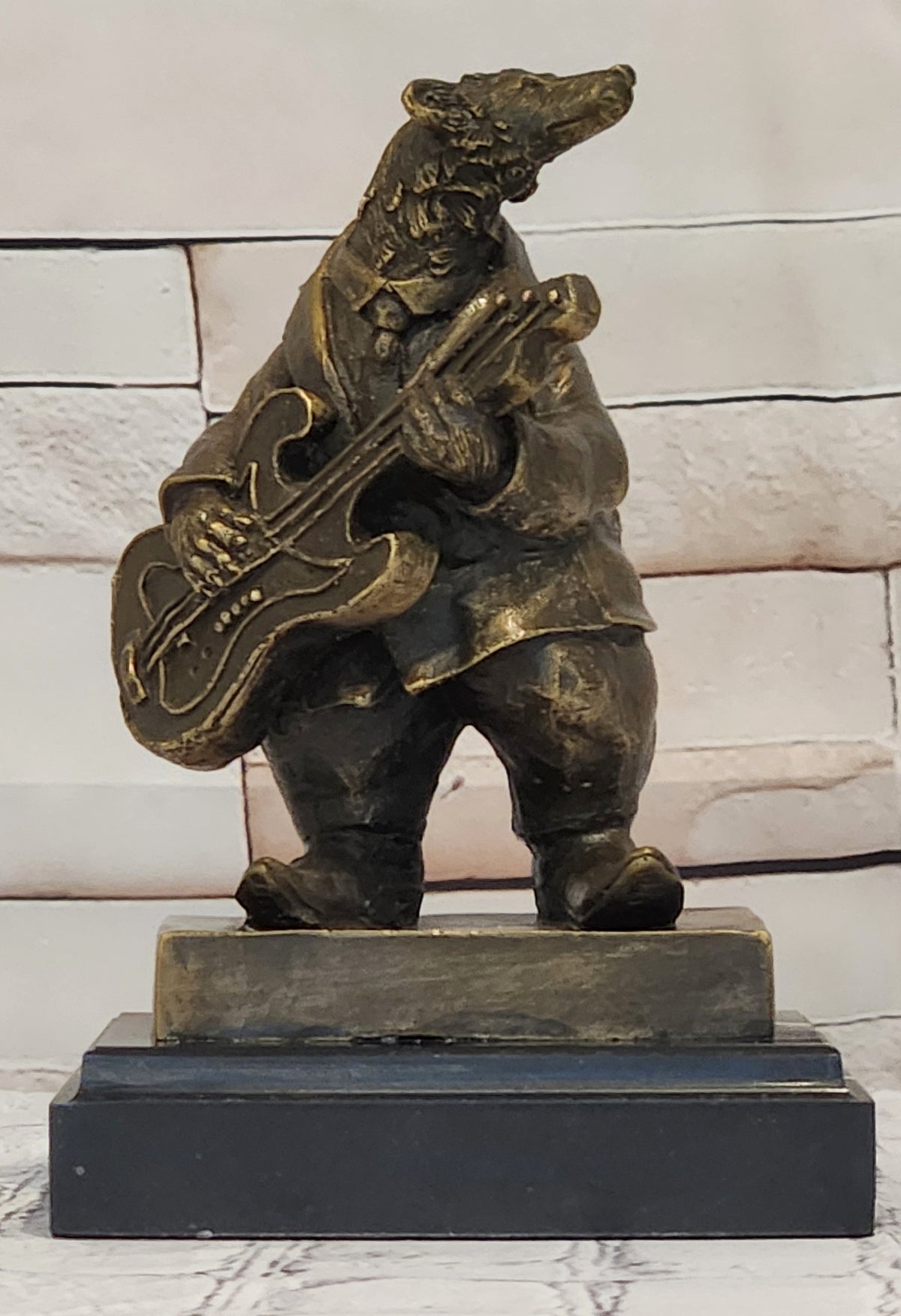 Bronze Musical Bear Sculpture Signed Williams Instrument Playing Animal Art Statue