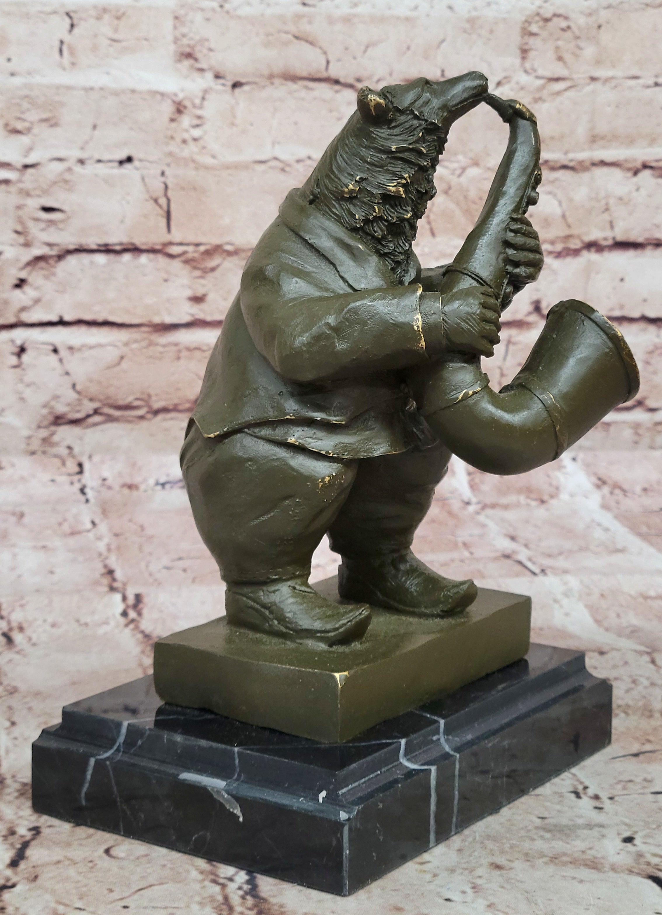 Handcrafted Bronze Bear Musician Statue by Williams Playing Saxophone Animal Sculpture Art