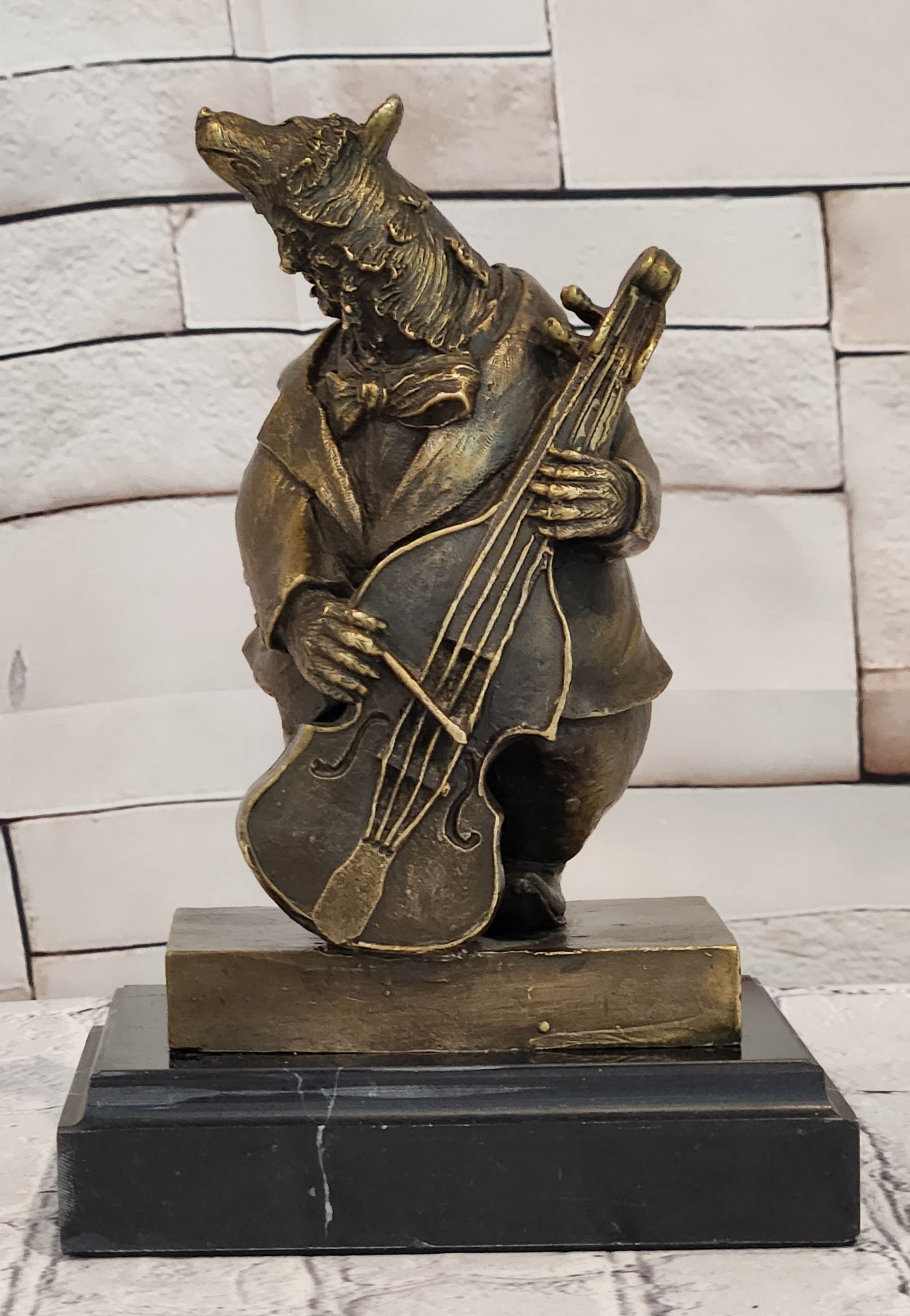 Bronze Bear Cellist Sculpture Signed Williams Music Animal Art Collectible Decor