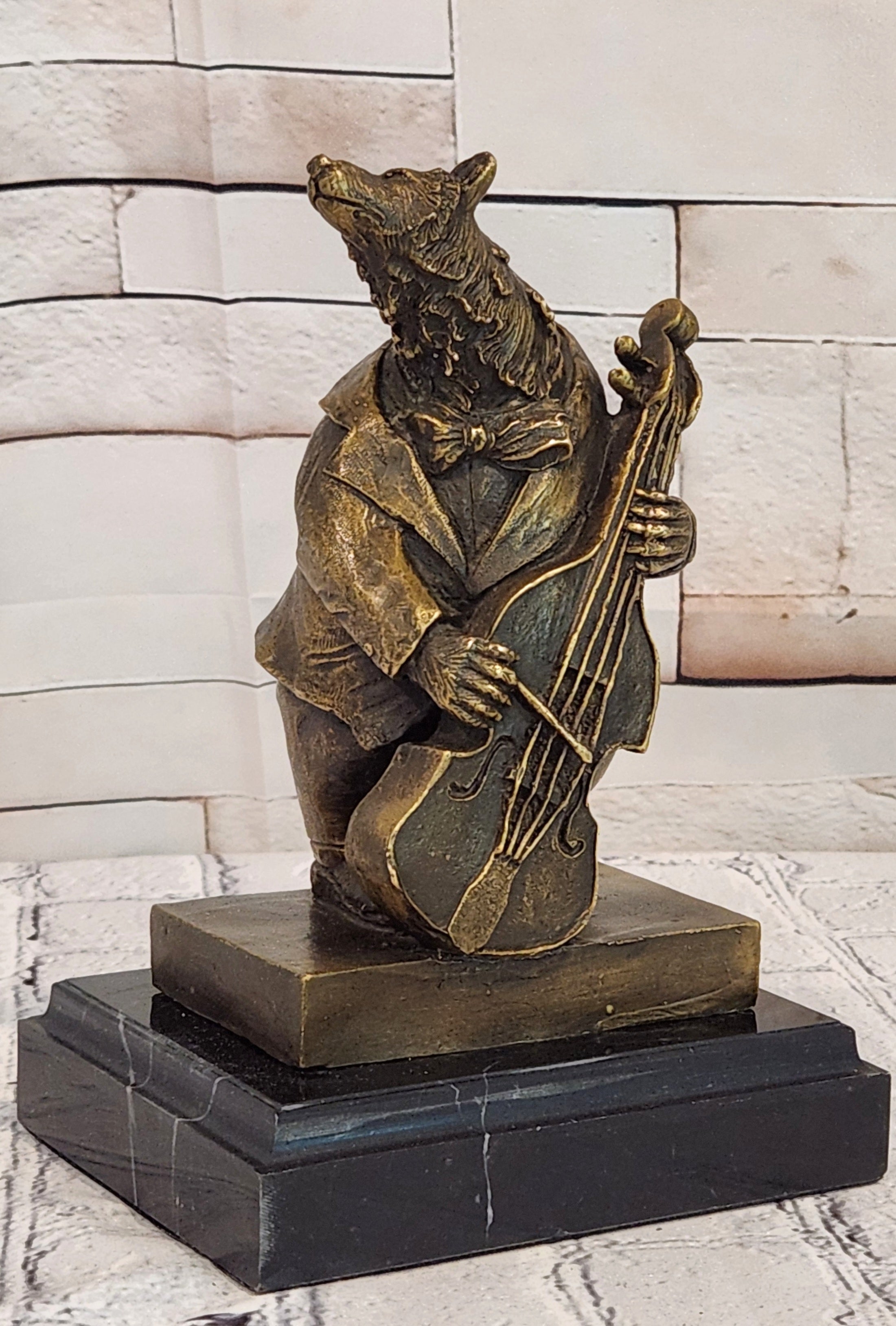 Bronze Bear Cellist Sculpture Signed Williams Music Animal Art Collectible Decor