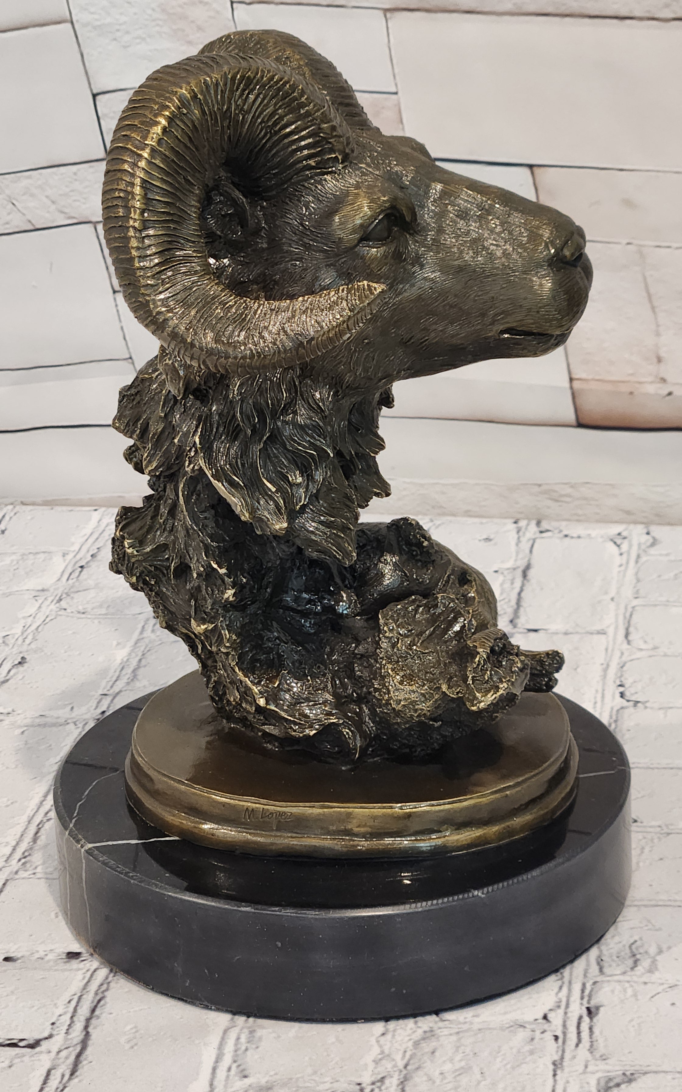 Signed Milo Bronze Ram Head Sculpture Marble Base Animal Collectible Artwork