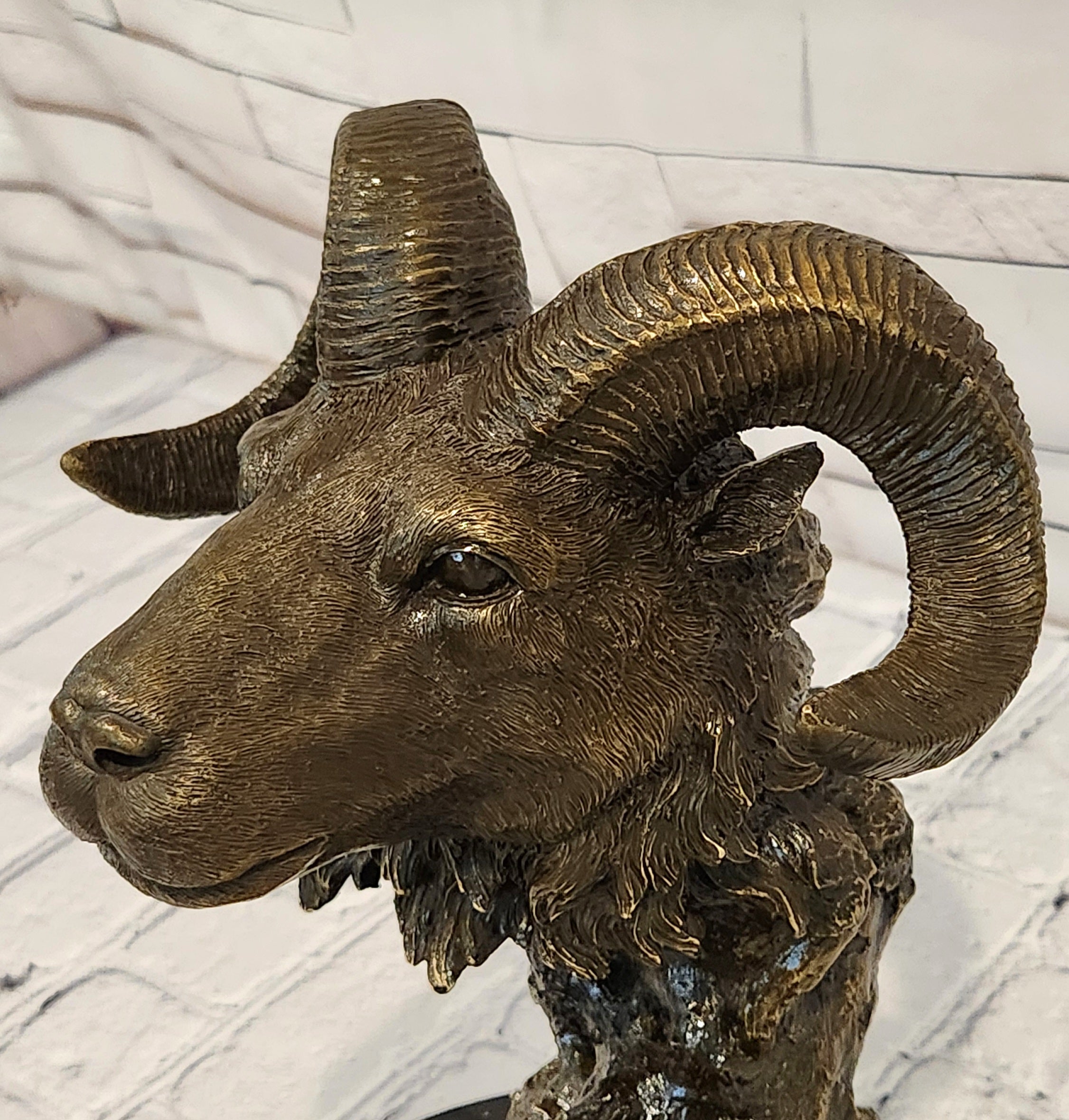 Signed Milo Bronze Ram Head Sculpture Marble Base Animal Collectible Artwork