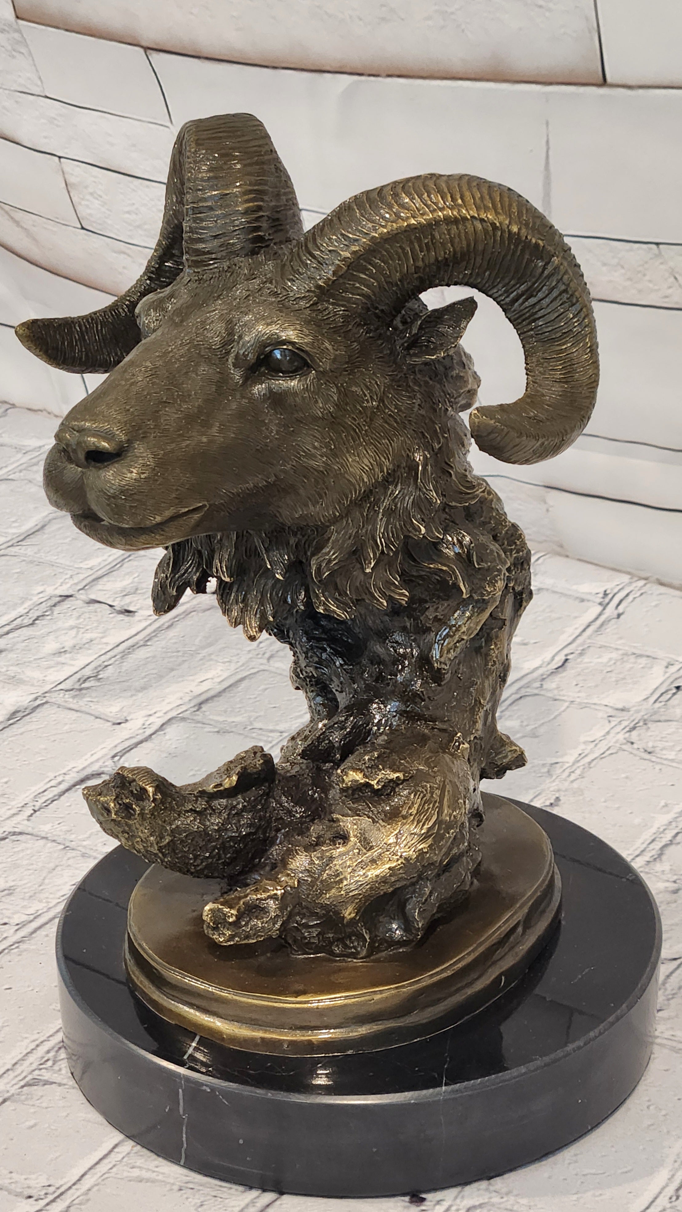 Signed Milo Bronze Ram Head Sculpture Marble Base Animal Collectible Artwork