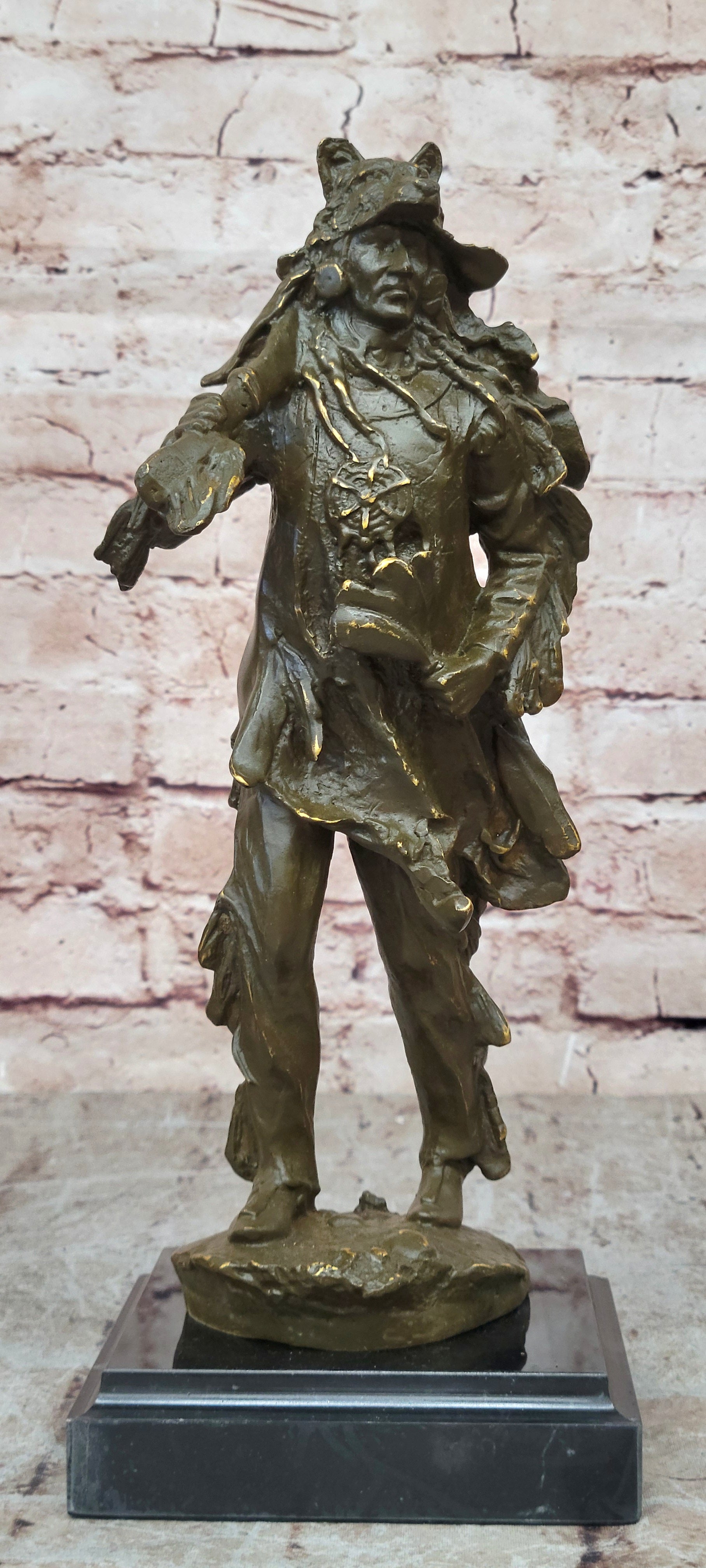 Bronze Sculpture Statue of American Indian Chief in Headdress Signed C M Russell Collectible