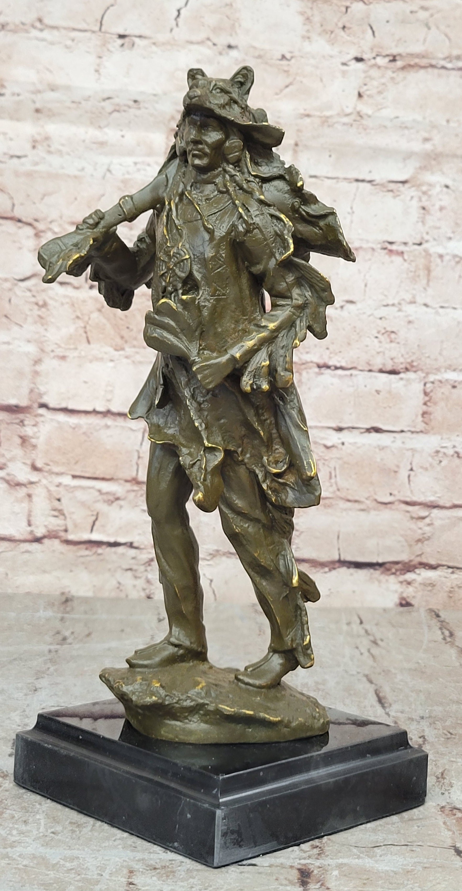 Bronze Sculpture Statue of American Indian Chief in Headdress Signed C M Russell Collectible