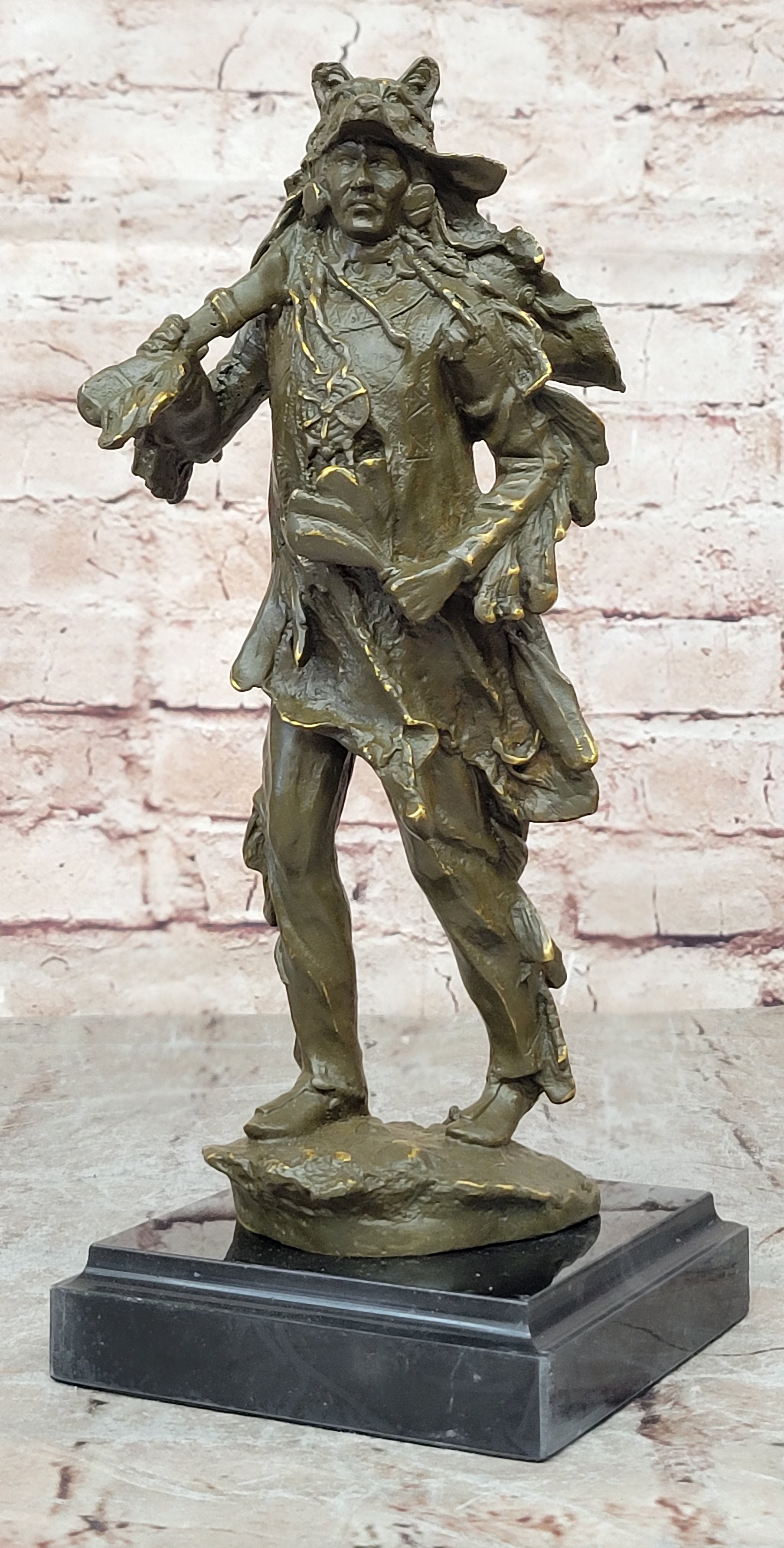 Bronze Sculpture Statue of American Indian Chief in Headdress Signed C M Russell Collectible