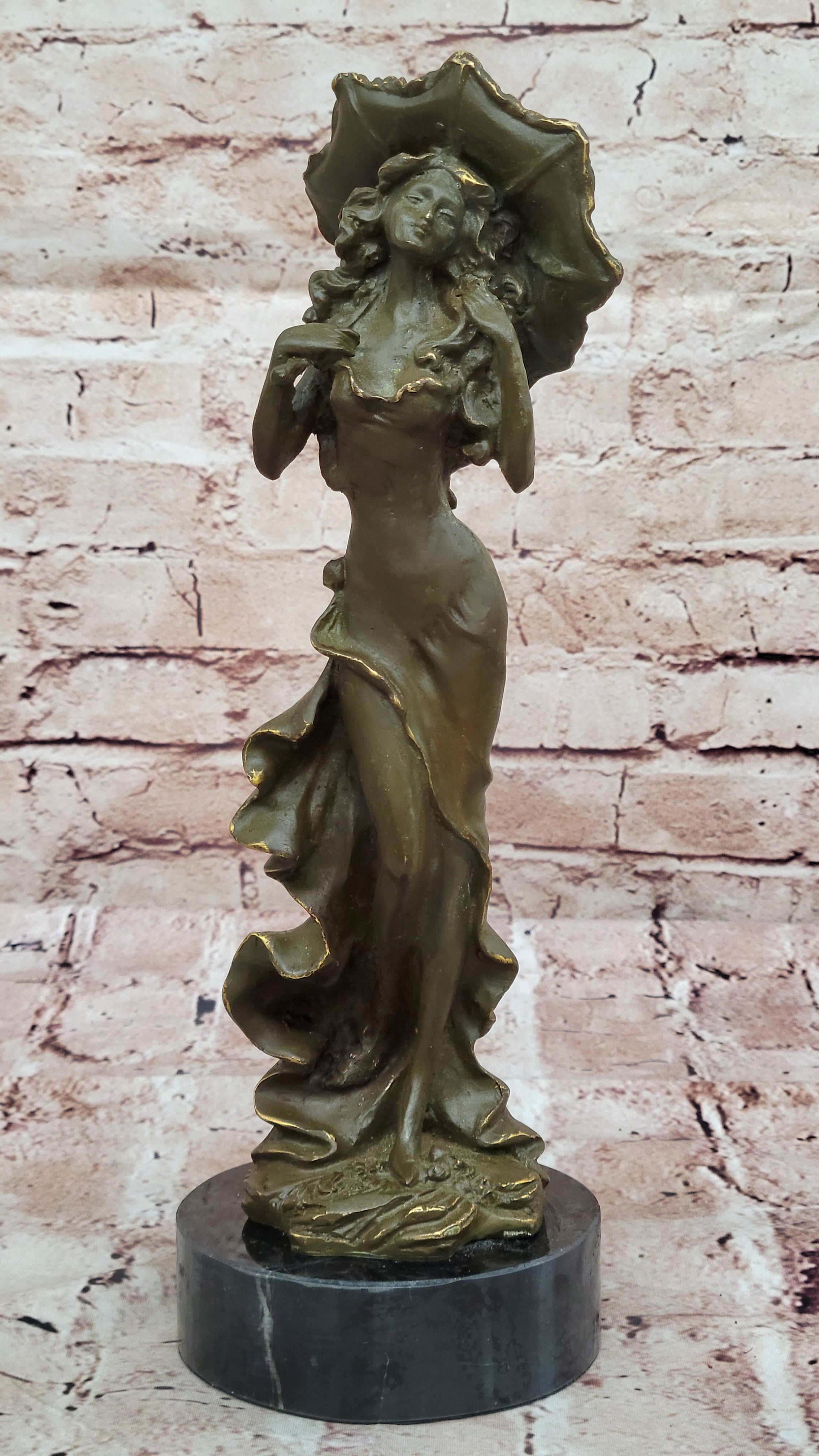 Genuine Bronze Victorian Woman Statue with Umbrella – Classic Sculpture Figurine