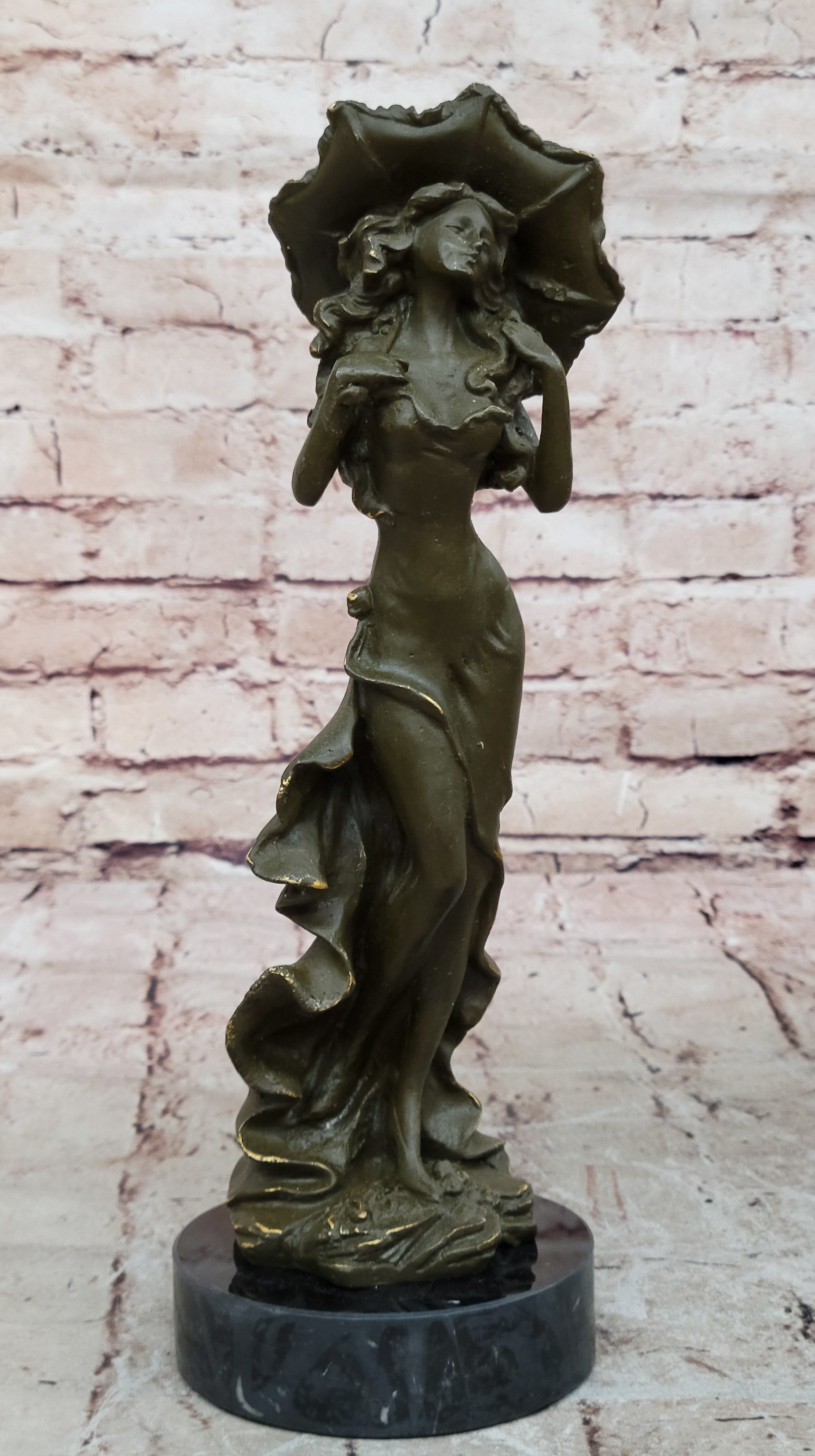 Genuine Bronze Victorian Woman Statue with Umbrella – Classic Sculpture Figurine
